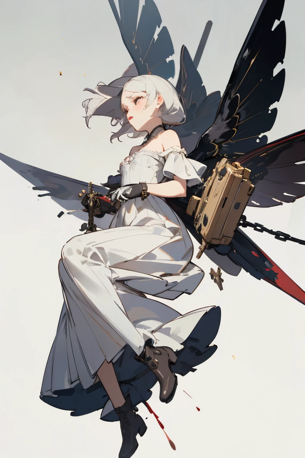 ((best quality)), ((masterpiece)), (detailed), 1girl, off-shoulder, blank white background, plain background, white background, red and white clothing, Bloodborne inspired,  occult aesthetic, occult, detailed and intricate steampunk and detailed gothic, NSFW, Very dramatic and cinematic lighting, cosmic horror, grim-dark, side-lighting, perfect face, NSFW, Fluttering lace flared long knee length dress with frilly petticoats, knee length dress, pleated petticoats, lolita dress, petticoats gothic lolita, complex lace boots, side-lighting, gothic lolita aesthetic, wielding a mighty sword with mechanical components, carbine, NSFW, various types of insect wings, beautiful small breasts, small breasts, full body, whole body, body, plain background, white background, blank background, no background, white background NSFW, chains, full body, whole body, head-to-toe NSFW