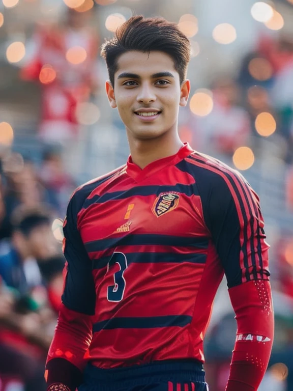Male soccer player Aarav is holding a soccer ball on the field., Portrait in the middle of a shot, , traditional beauty, Very beautiful Enga style., traditional, Handsome boy anime, Niwan Chandra, According to Thawan Duchanee's style, traditional dress, Wear elegant clothes, Southeast Asia that has existed for a long time, traditional tai costume, Screensaver, Niwan Chandra, Ramil Sunga, Inspired by Jan Asselijn, Mohamed Shahin style, Henry's Ascension, Medium portrait, by เอ็ดดี้ เมนโดซา, Tommy 1 6 years, by