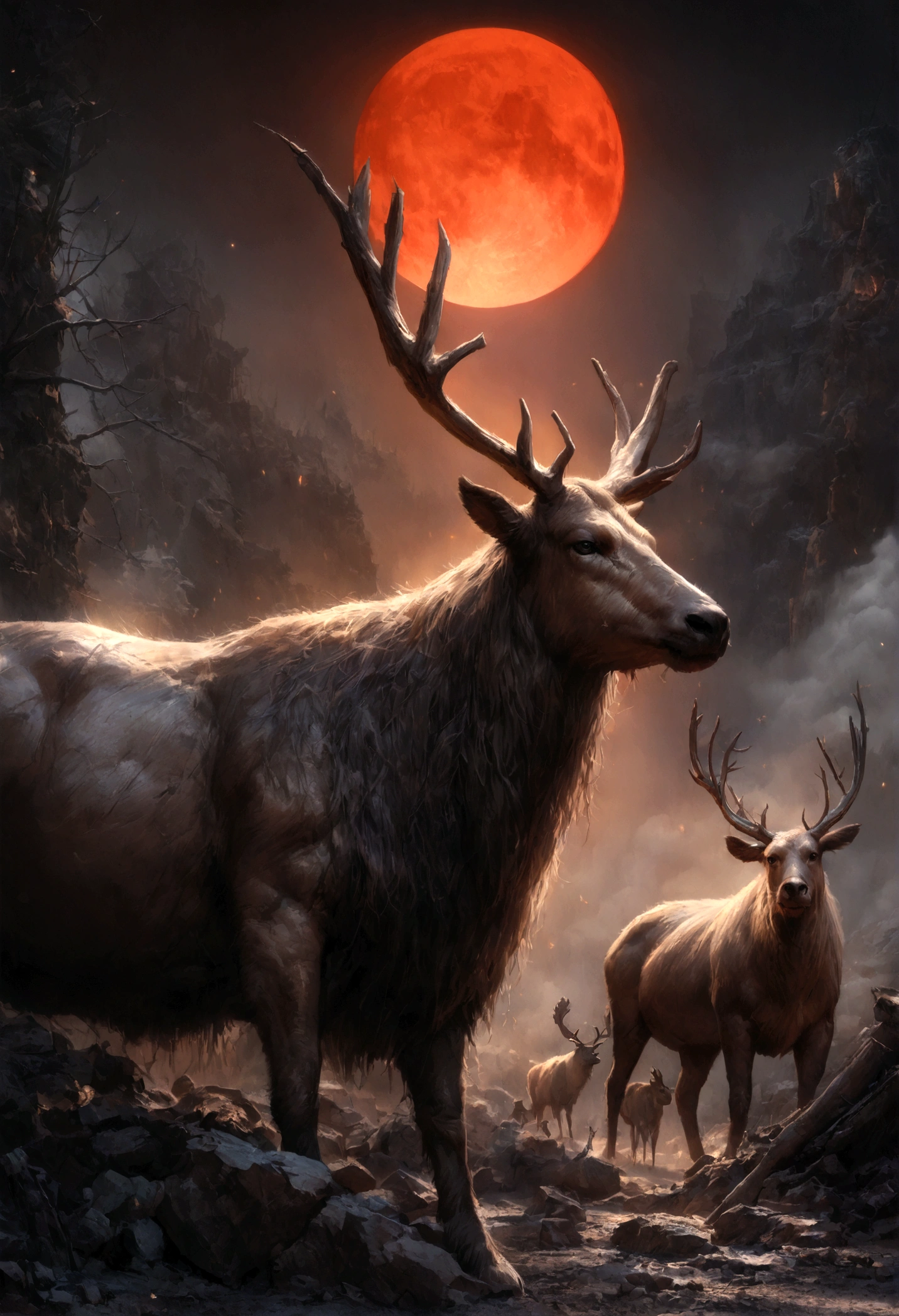 (Best quality,4K,8K,A high resolution,Masterpiece:1.2), Ultra-detailed, (Realistic,Photorealistic,photo-realistic:1.37),a Hunter hunting a Elk with a huge antler, dark forest,The apocalyptic wasteland, fierce battle scenes, Blood-red moon, A raging hell, Chaotic destruction, Post-apocalyptic survivors, Smoke and ash, Torn sky, Dark atmosphere, eerie silence, Decaying landscape, Desolation, despair, Dramatic lighting, epic scale, Intense emotions Biomechanical, eerie, Creepy, nightmarish, Very bright colors, Light particles, with light glowing, Mshiff, wallpaper art, UHD wallpaper