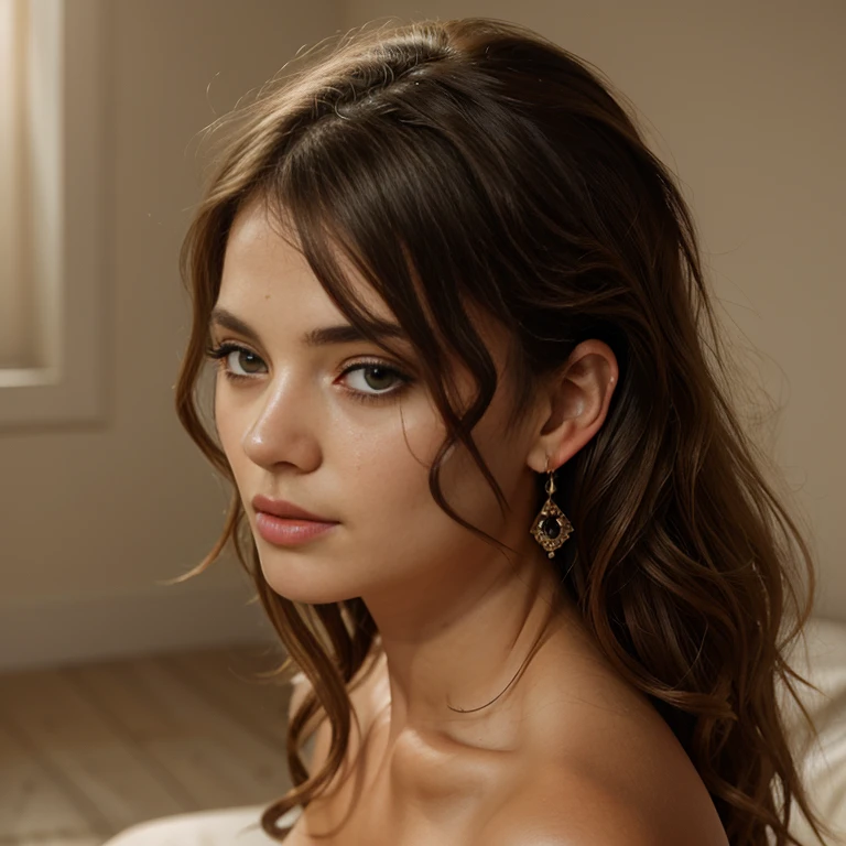 photography of a stunning girl, nudity, natural bust, wavy hair, sitting at bedroom, looks into the camera, symmetrical eyes, symmetrical face, photorealistic, photography, path tracing, specular lighting, volumetric face light, path traced hair, visible shadows, intricate, elaborate, hyper realistic, earrings, sad