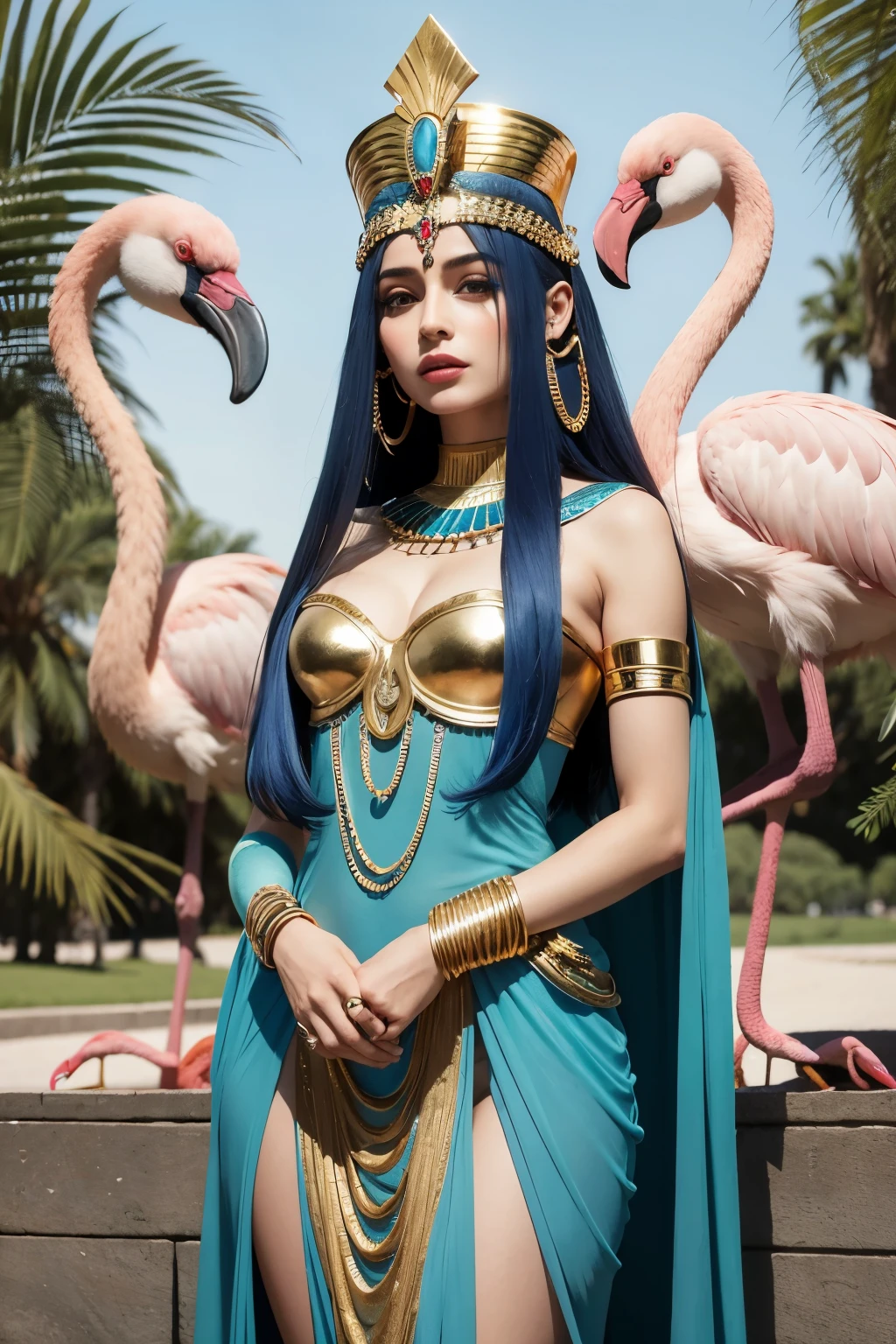 1 mulher, rosto, vestido de cleopatra, Pharaoh, flamingo, beija flor, sentada trono, , vestido azul e dourado,blue and gold Egyptian headdress, roupa egipcia azul e dourada, embraced like a flamingo animal, ao lado, piramide, flamingos em volta, mulher seria, beija-flor animal em volta, implacavel, guerreira, rosto brava, muitos acessorios egipcios