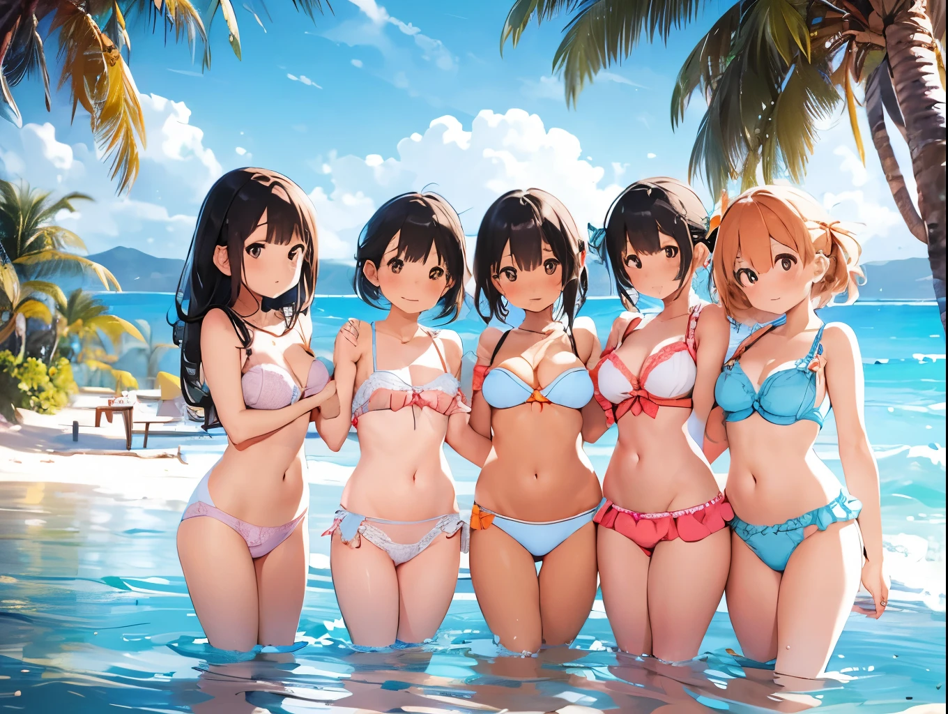 Four busty sisters in cute lingerie and cute bras、Cute white bra with ribbon、White and light blue checkered bra、Cute orange bra、White underwear with cute ribbon、White and light blue striped pants、Cute orange underwear、Sandy Beach, Calm, clear sea and blue sky、Pink floral bra、Pink floral underwear、barefoot