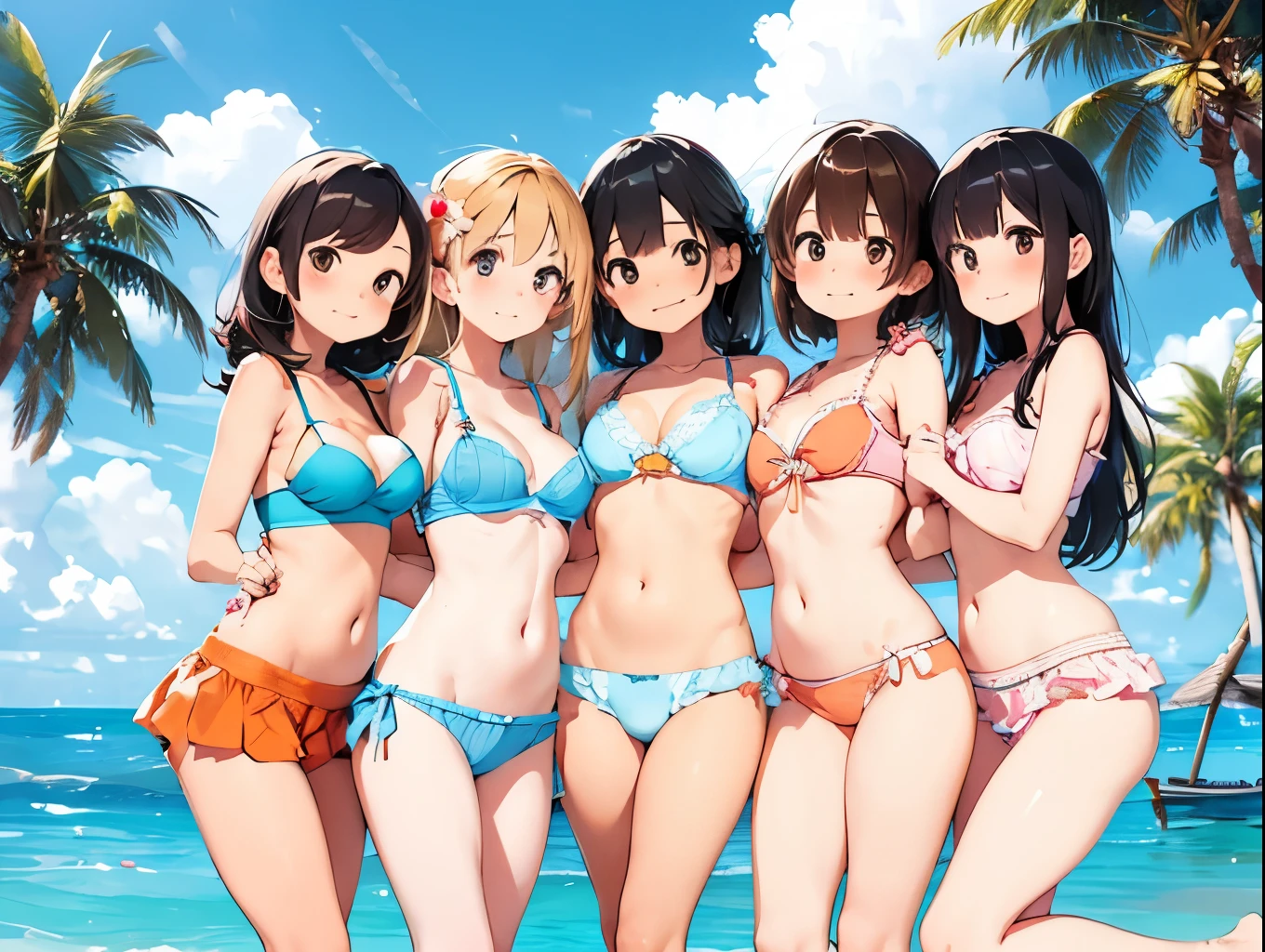 Four busty sisters in cute lingerie and cute bras、Cute white bra with ribbon、White and light blue checkered bra、Cute orange bra、White underwear with cute ribbon、White and light blue striped pants、Cute orange underwear、Sandy Beach, Calm, clear sea and blue sky、Pink floral bra、Pink floral underwear、barefoot