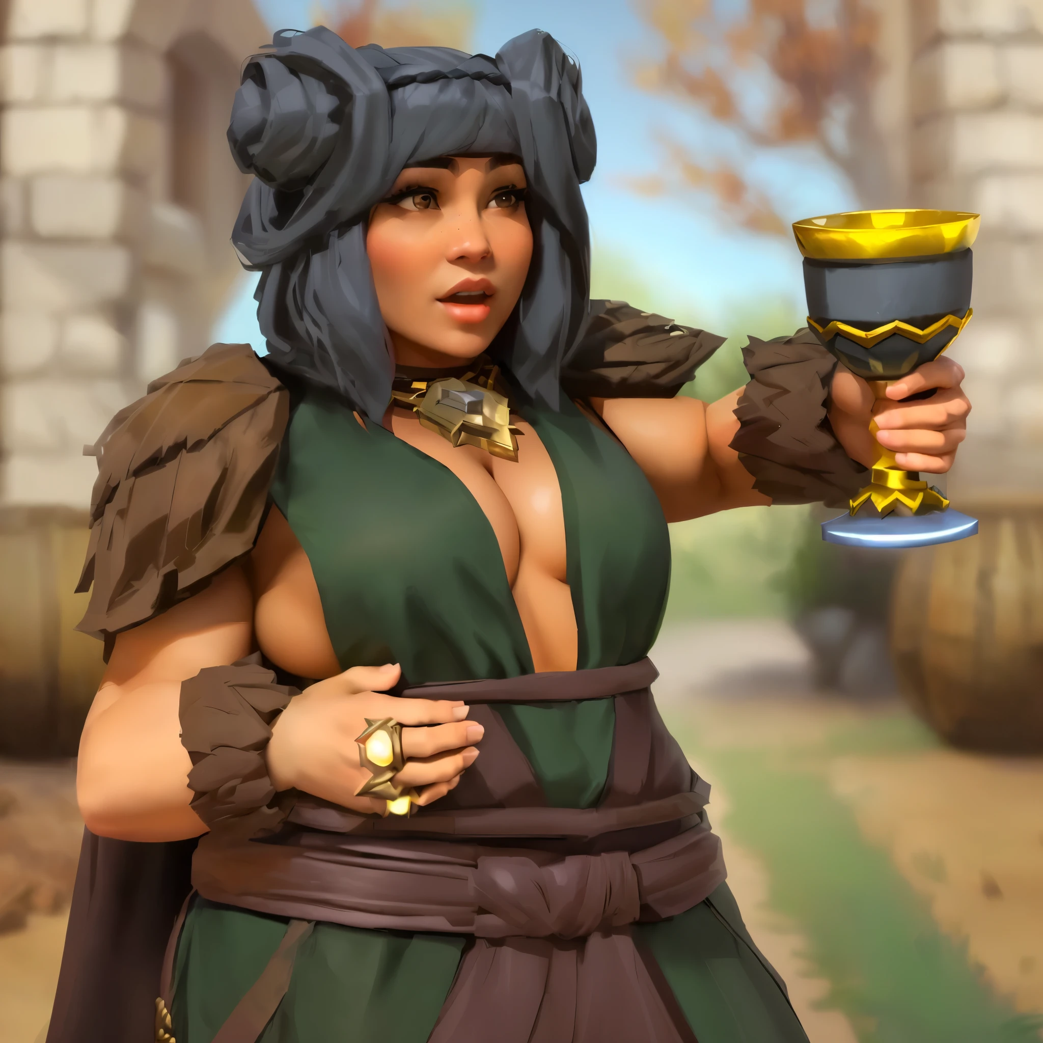 there is a woman holding a wine glass in her hand, mighty plump female sorceress, dwarven woman, female dwarven woman, female dwarven noblewoman, muscular female druid, female druid, portrait of a female druid, female dwarven blacksmith, epic 3 d oshun, half elf woman, female gnome artificer, druid goddess