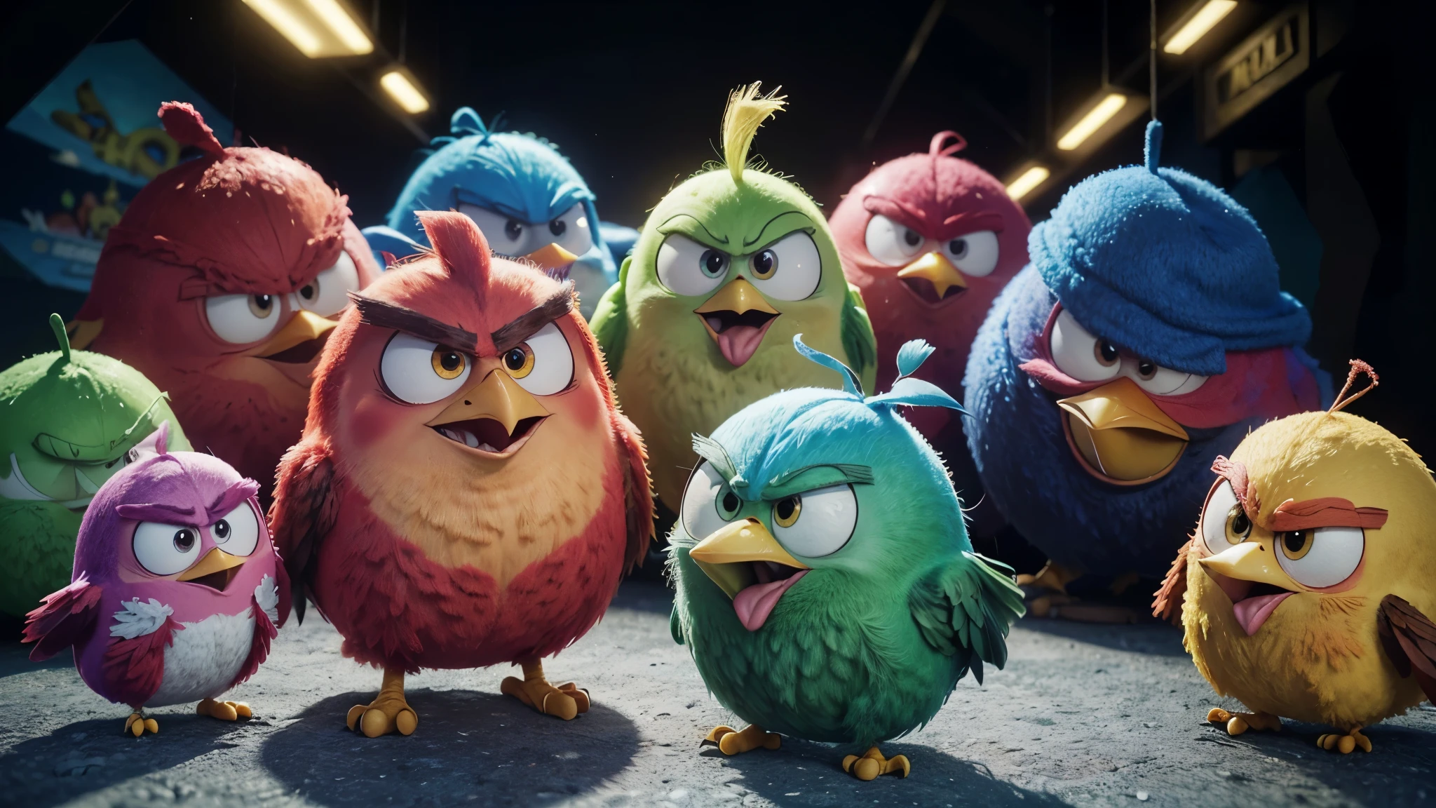1 angry bird, 2 angry birds, colorful cartoon background, game asset, detailed 3d rendering, widescreen, 16:9 ratio, dynamic composition, vibrant colors, dynamic lighting, photorealistic, extremely detailed, (best quality,4k,8k,highres,masterpiece:1.2),ultra-detailed,(realistic,photorealistic,photo-realistic:1.37)