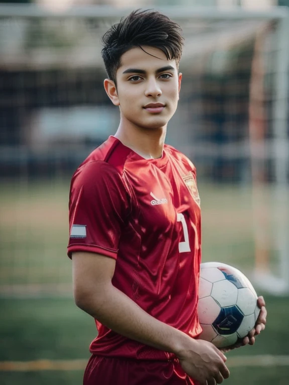 Male soccer player Aarav is holding a soccer ball on the field., Portrait in the middle of a shot, , traditional beauty, Very beautiful Enga style., traditional, Handsome boy anime, Niwan Chandra, According to Thawan Duchanee's style, traditional dress, Wear elegant clothes, Southeast Asia that has existed for a long time, traditional tai costume, Screensaver, Niwan Chandra, Ramil Sunga, Inspired by Jan Asselijn, Mohamed Shahin style, Henry's Ascension, Medium portrait, by เอ็ดดี้ เมนโดซา, Tommy 1 6 years, by