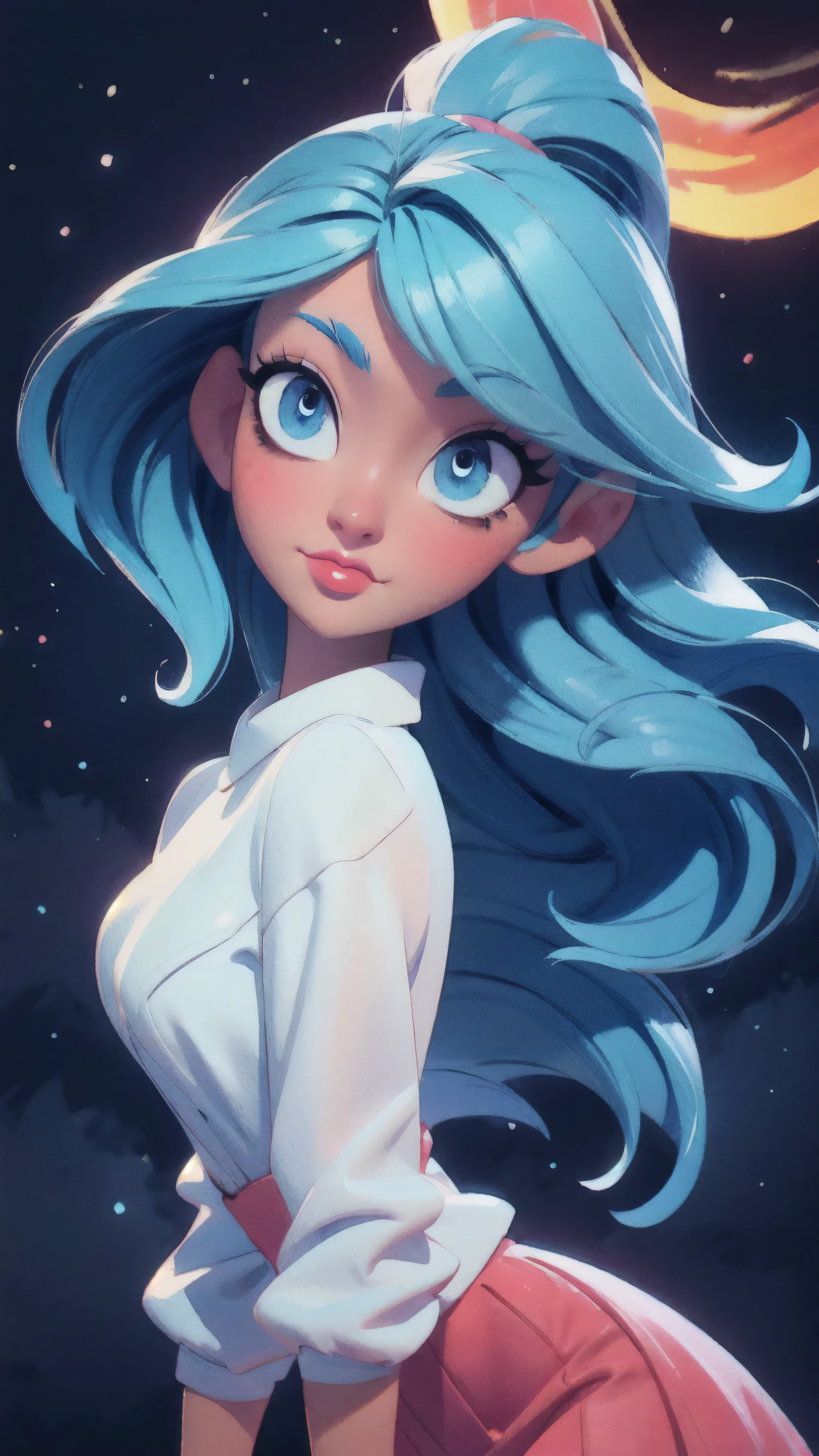(masterpiece:1.4), (best quality:1.4), A beautiful girl with blue hair, with big blue eyes, wearing a light white outfit and a red skirt, lips, makeup, side angle, positioned in an open field, depth of field, 3d animated cartoon, vibrant, colorful, Watercolor, Ink, (best quality,4k,8k,highres,masterpiece:1.2),ultra-detailed,extremely detailed eyes and face, long eyelashes, vivid colors, detailed background, detailed face, (night theme:1.1), (style-swirlmagic:0.8), night, detailed starry sky, wonderful art, vibrant colors