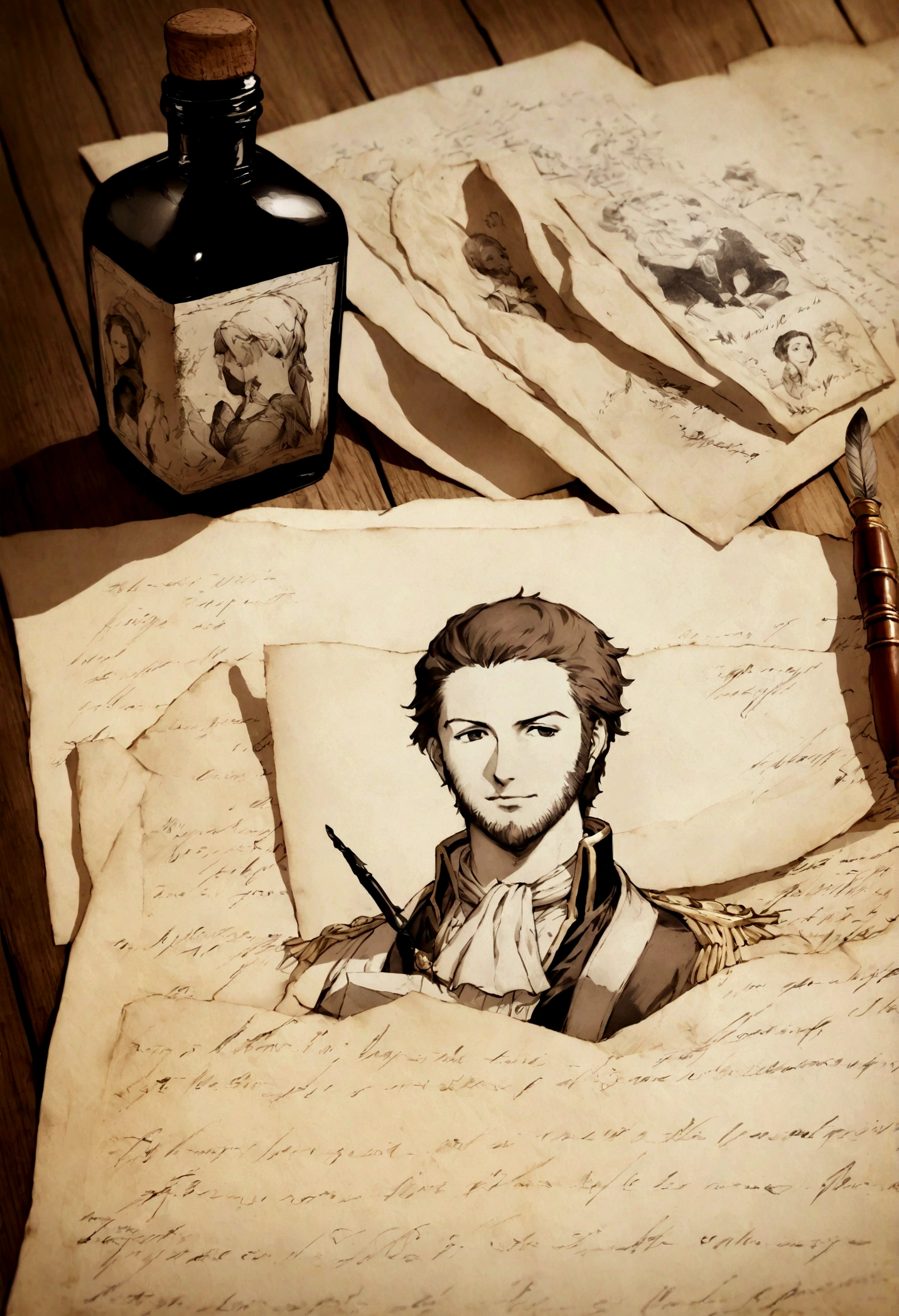 An old handwritten letter from Napoleon Bonaparte to his wife Josephine, with an image of Josephine beside it. The letter includes romantic and personal notes, emphasizing the instruction for her not to wash. The scene is set on a wooden desk with a quill pen and ink bottle, and Josephine’s portrait is elegantly framed.