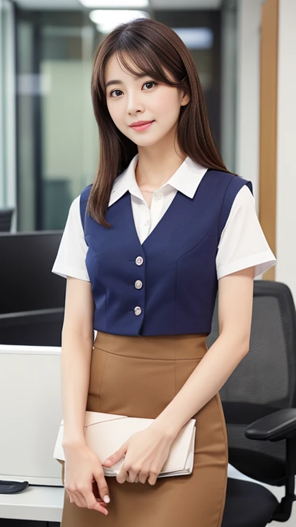 Japanese、25-year-old office lady、(Full body photo:1.5)、(A plain navy blue vest on bare skin:1.2)、(紺色の膝下丈くらいのOffice worker uniformのペンシルスカート:1.2)、Walking towards me、Elegant long hair、Intelligent married woman、Beautifully detailed hair、Beautiful and detailed brown eyes、beautiful flat chest、Beautiful, clear skin、Medium chest、Office worker uniform、Woman's wedding ring on the ring finger of her left hand、Detailed face、Detailed eyes、