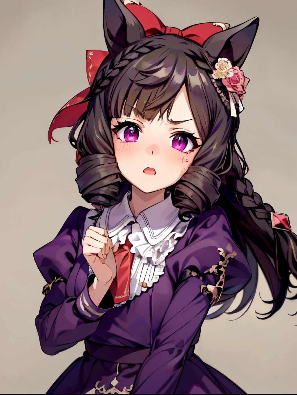 Daiichi Ruby, 1 girl, Solo, Cute Girl, Best Quality, Ultra-detailed, 8K, High resolution, Detailed face, anguish, painful, serious, purple dress, long sleeves, puffy sleeves,