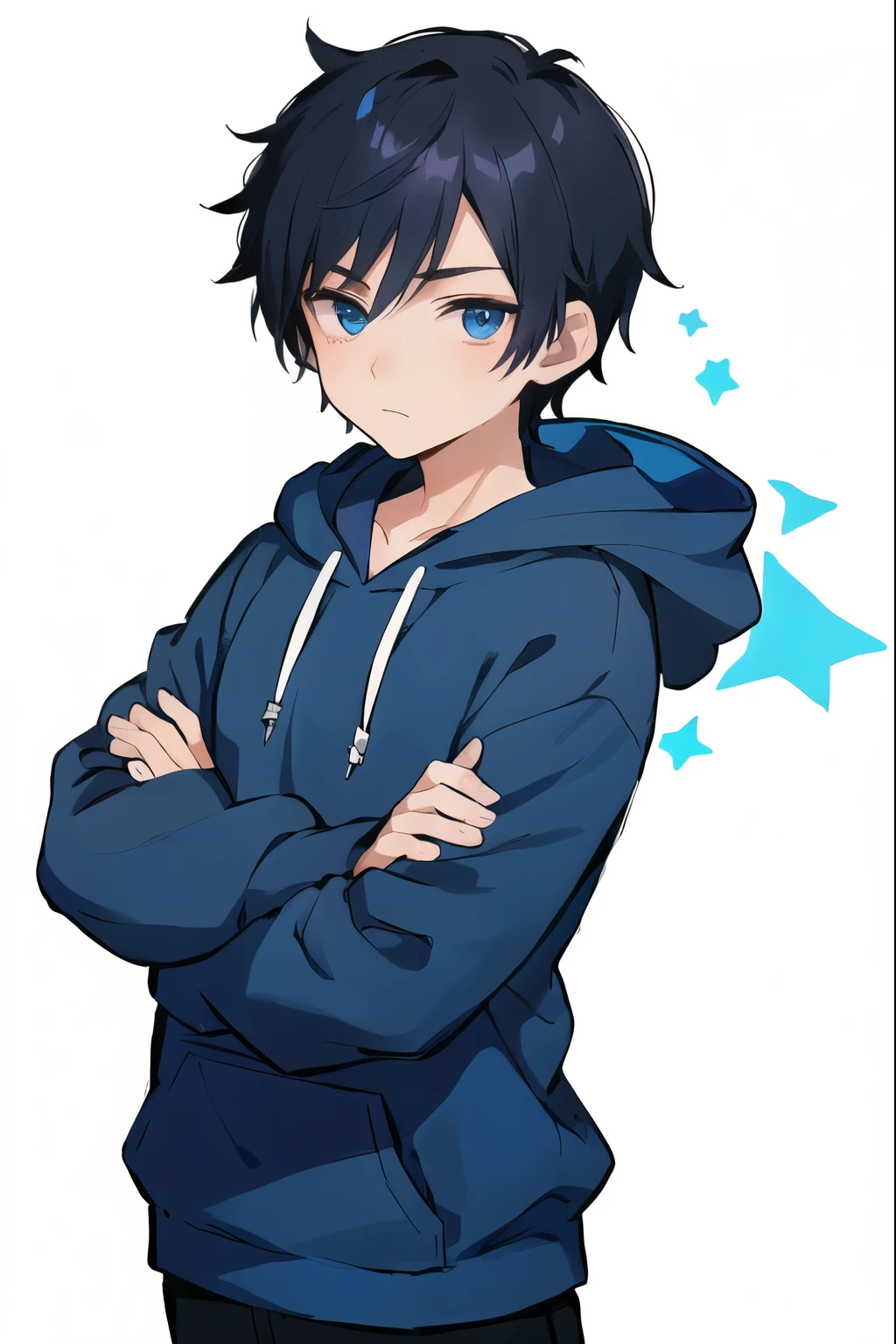 anime boy with blue eyes and a hoodie with stars on it, anime moe artstyle, tall anime guy with blue eyes, anime boy, in an anime style, young anime man, anime handsome man, 2 d anime style, male anime style, high quality anime artstyle, kentaro miura art style, inspired by Okumura Masanobu