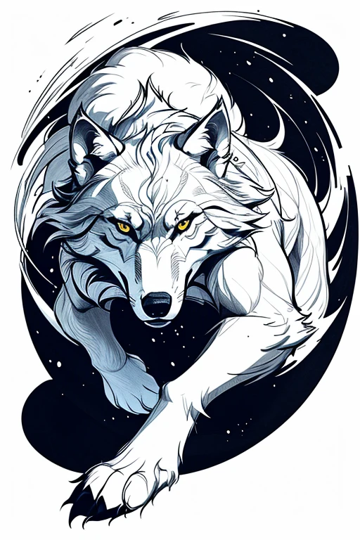 in a vibrant and whimsical scene, a lone wolf in chinese style and geometric shapes sits in the center of a drawing. The ink, vibrant, and rich, swirls around him, creating a swirling and dynamic contrast against the wolf's body. The sketch, written by MSchiffer, captures the texture and texture of the wolf's fur and the simple details of his paws as he moves. The sketch is reminiscent of the style of Chinese artist M.S. McLaughlin, capturing the essence of the wolf's playful beauty and the captivating textures of drawing