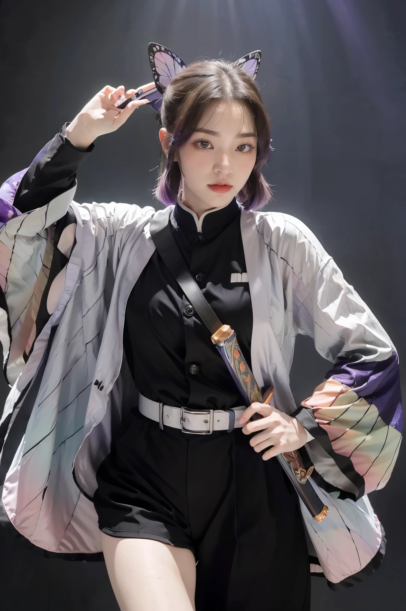 masterpiece, best quality, highres, 1girl, solo, kochou shinobu, butterfly hair ornament, purple eyes, multicolored hair, short hair, parted bangs, haori, wide sleeves, long sleeves, black pants, black jacket, belt, cowboy shot, holding weapon, sword