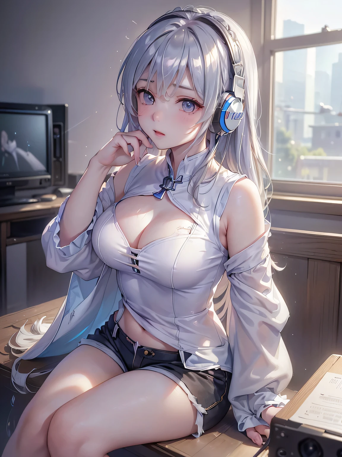 (Image from chest up:1.5)((masterpiece:1.5、8k、Portraiture、Photorealistic and very detailed CG、Very detailed、Particle Effects、Dynamic Effects、Written boundary depth、Cinematic Light、Lens flare、Ray Tracing、Tabletop、Realistic:1.4、超A high resolution:1.2、Realistic、Realistic))((alone、Wearing Headphones, Huge headphones:1.5、A woman wearing a large cut-and-sew top、Beautiful cleavage、Shorts、The shorts are hidden by the jacket、Detailed face、brightexpression、young, bright, Whiter skin、large beautiful breasts、Best Looks、Ultimate beauty、Shiny silver hair with highlights、bright and shiny hair,、Modern Hairstyles、Hair dancing in the wind))(A dark private room in an internet cafe、PC Monitor、Sit on a chair)take your eyes away from here、Beautiful profile,
