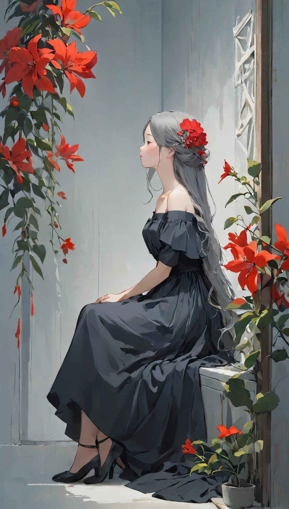 highest quality、Masterpiece、greyとredの調和アート、grey、Perfect Anatomy、Girl Closing Her Eyes、cute、、profile、Black off-the-shoulder dress、Sitting Girl、Wabi-sabi art、grey、red、White、Perfect artistic harmony、Fantasy、Vermilion Flower、greyの葉、Modest Flower、Simple configuration、Background is a white wall、Red flower、greyの葉、space、