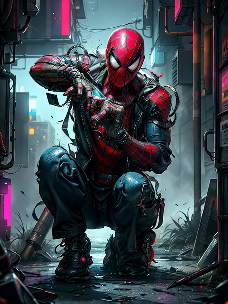 portriat of spiderman as a zombie, best quality, 8k, 32k, masterpiece, ultra high definition, photorealistic:1.4, raw photography, perfect detailed eyes, charming perfect figure, action pose:1.2, detailed cyberpunk fashion, cyberpunk world, depth of field, blurry background
