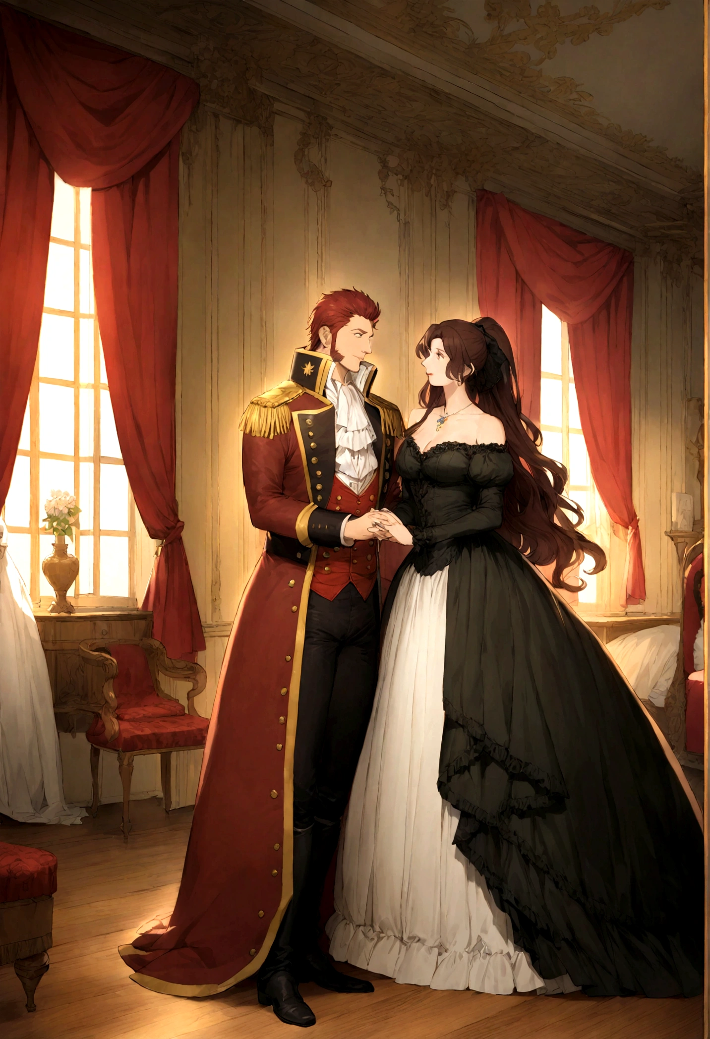 Napoleon Bonaparte with his Polish mistress, Maria Walewska, in an intimate historical setting. Napoleon is dressed in a decorated military uniform, while Maria is in a luxurious dress. They are standing close to each other, possibly holding hands, in a richly decorated room with 19th-century European decor.