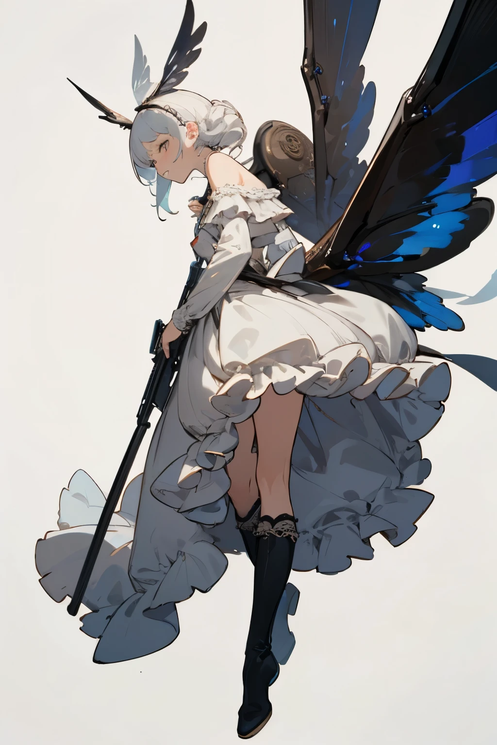 ((best quality)), ((masterpiece)), (detailed), 1girl, off-shoulder, blank white background, plain background, white background, red and white clothing, Bloodborne inspired,  occult aesthetic, occult, detailed and intricate steampunk and detailed gothic, NSFW, Very dramatic and cinematic lighting, cosmic horror, grim-dark, side-lighting, perfect face, NSFW, Fluttering lace flared long knee length dress with frilly petticoats, knee length dress, pleated petticoats, lolita dress, petticoats gothic lolita, complex lace boots, side-lighting, gothic lolita aesthetic, wielding a mighty sword with mechanical components, carbine, NSFW, various types of insect wings, beautiful small breasts, small breasts, full body, whole body, body, plain background, white background, blank background, no background, white background NSFW, chains, full body, whole body, head-to-toe NSFW