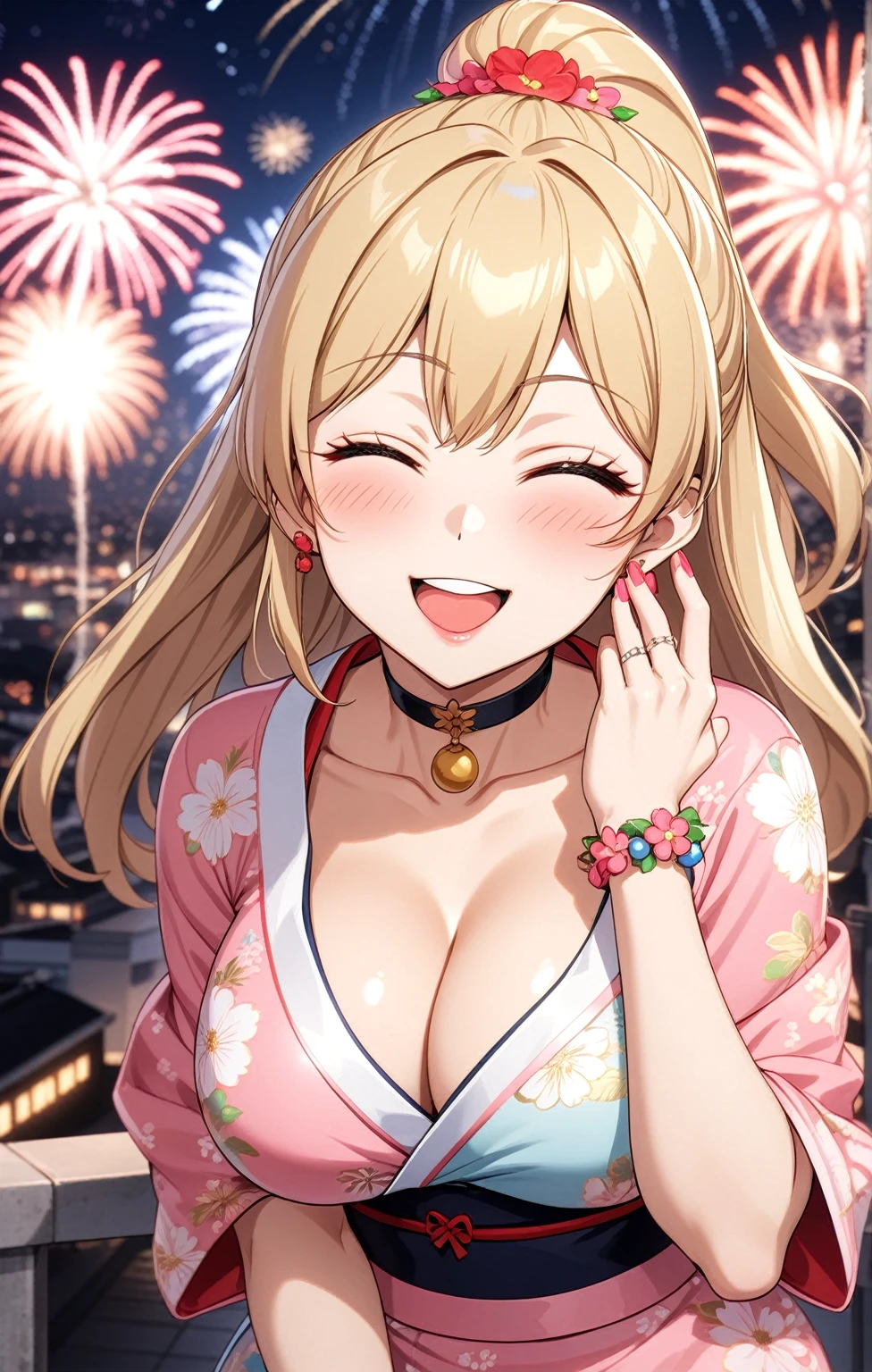 ((one personの女性)), Beautiful Face,Laughing embarrassedly,((Wink:2.0)),laugh with a big mouth,turn bright red,Glossy pink lips,night,rooftop,Festive decorations,Sea of Yokohama,firework,((Anime style background)),masterpiece, highest quality, so beautiful, Latest, Complex details, (Pink long nails),(ring),(flower bracelet),choker,AI-generated, Complex,High resolution, highest quality, super high quality,3D Images、View your viewers、3D Images,one person,Long Blonde Hair,High Ponytail,blue eyes,Anime woman posing for a photo, (Fine grain,Silvery white colorful eyes,Shining Eyes:1.4),(Squint your eyes:1.1),a hyperRealistic , hyperRealistic , Realistic,Blonde anime woman with long hair, Smooth anime CG art, A woman in a colorful kimono with gold embroidery, (Pink kimono),Red floral pattern,Long flower hair ornament,Big earrings,(ring),(Big Breasts:1.1),Mature Body,Tall,Big Ass,Fine details,Tight waist,Abdominal muscles,(Face close up:1.4,),Facing forward