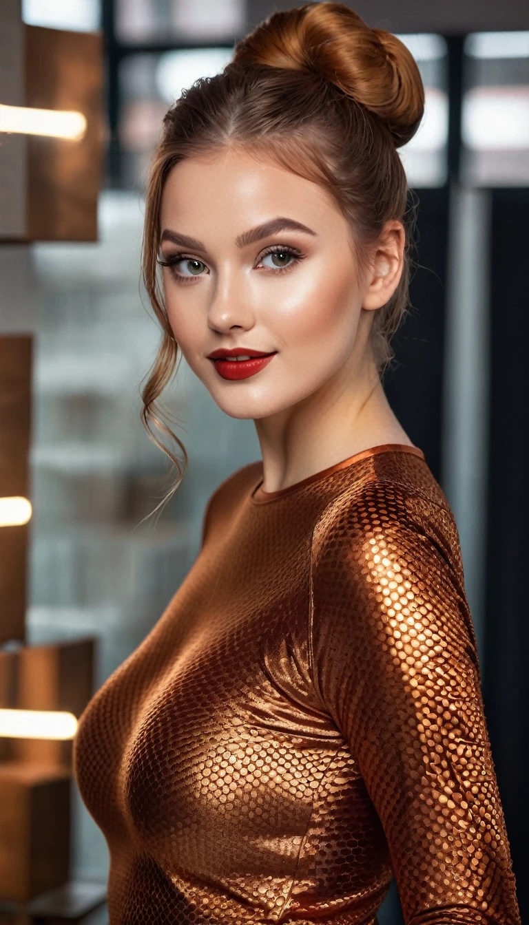 hyperrealistic beautiful busty 19-year-old woman with long legs wearing shiny copper bodycon longsleeve and leggins with honeycomb pattern, model shooting full body photography, ginger very long straight updo hair, soaky wet skin, dark eye makeup with eyeliner, seductive smile, red lips, 8K, Best quality, Meisterwerk, ultra high resolution, (Realismus: 1.4), Originalfoto, (realistische Hautstruktur: 1.3), (Filmkorn: 1.3), (Selfie-Winkel), 1 girl, Beautiful round hazel eyes and facial details, Meisterwerk, Best quality, indoor photography, nsfw

