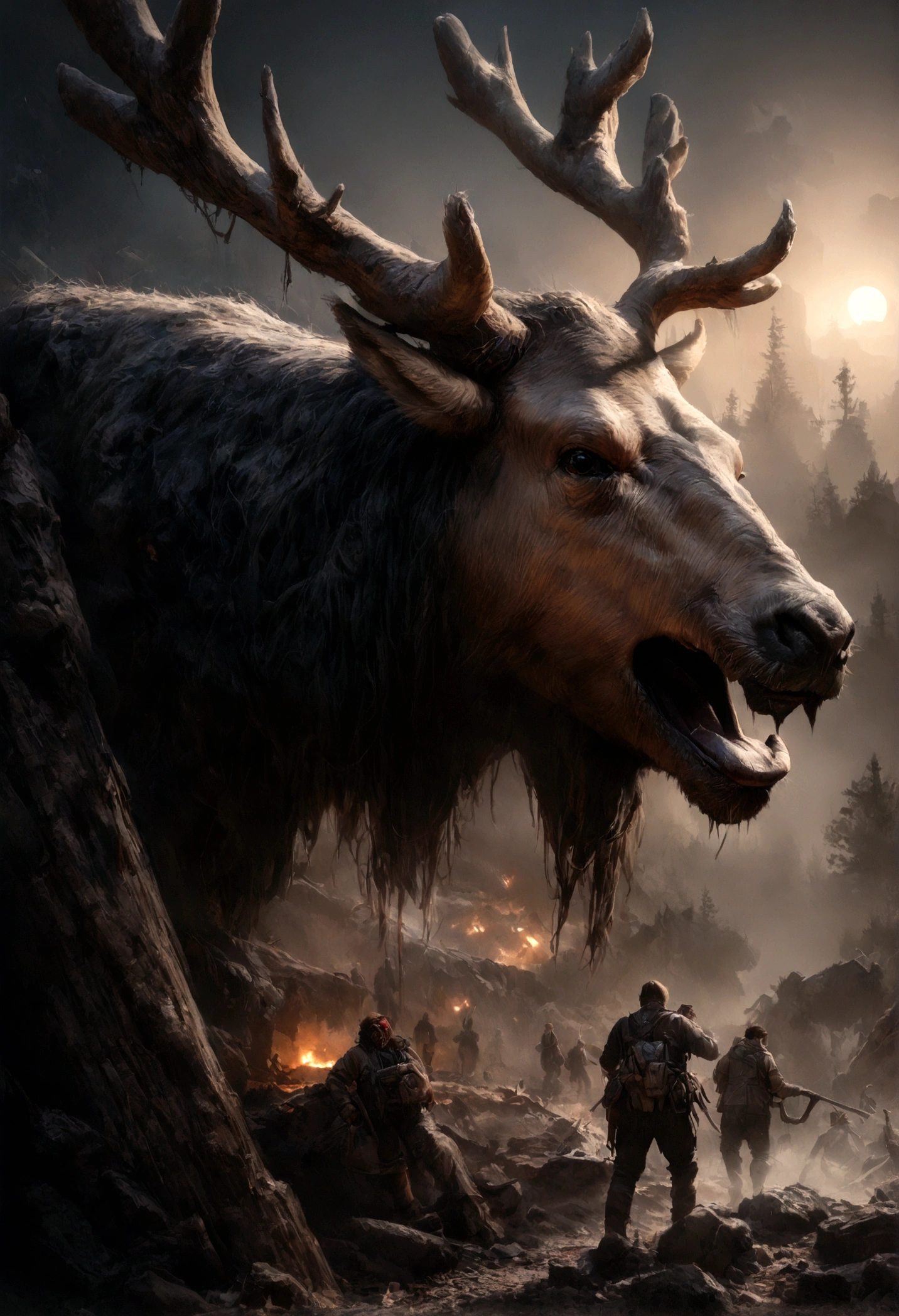 (Best quality,4K,8K,A high resolution,Masterpiece:1.2), Ultra-detailed, (Realistic,Photorealistic,photo-realistic:1.37),a Hunter hunting a Elk with a huge antler, dark forest,The apocalyptic wasteland, fierce battle scenes, Blood-red moon, A raging hell, Chaotic destruction, Post-apocalyptic survivors, Smoke and ash, Torn sky, Dark atmosphere, eerie silence, Decaying landscape, Desolation, despair, Dramatic lighting, epic scale, Intense emotions Biomechanical, eerie, Creepy, nightmarish, Very bright colors, Light particles, with light glowing, Mshiff, wallpaper art, UHD wallpaper
