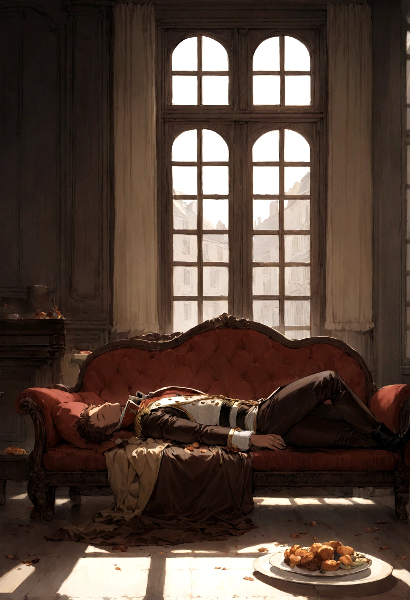 Napoleon Bonaparte taking a short nap on a couch right after a meal. He is lying down in his military uniform with his eyes closed, and there is a plate with food remnants next to him. The room is a typical 19th-century European living room with classic furniture and a large window letting in natural light.