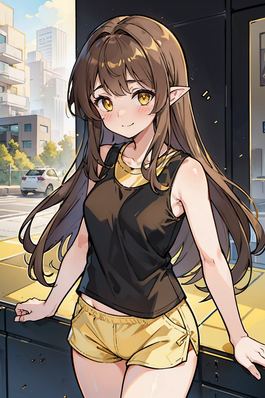 1girl, medium build, ((blush)), smile, dark brown hair, gold hair tips, blunt bangs, long hair, gold eyes, ((underwear)), white tank top, yellow shirt, black shorts, casual, modern, (((contemporary))), park, pointy ears,