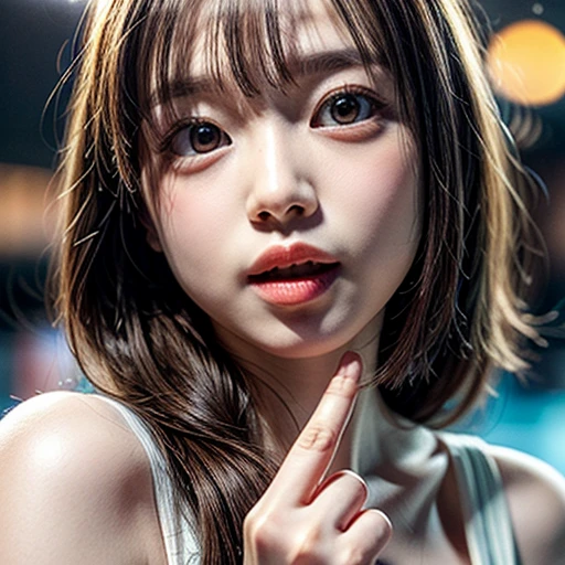 (highest quality,Super detailed,Physically Based Rendering:1.2), (RAW, Realistic, Photorealistic:1.37),Portraiture,Beautiful young woman with Delicate facial features,Soft lighting, ((Playfully licking finger with tongue, Gently placing a finger in the mouth)), (Close-up shot of sensual lips),Cheeks turn slightly red,A gentle and captivating gaze, cute BabyLike finger . Studio gray background, Light Particles, many blurred colorful Lights (dazzling bokeH) . BREAK . (((NOGIZAKA face variations))) Extremely Detailed very KAWAII face variations, elaborate detailed Eyes with (sparkling highlights:1.2), (Voluminous long eyelashes:0.9)、Glossy RED Lips with beautiful details, Coquettish tongue, Rosy cheeks, Radiant PearlSkin with clear transparency, (Natural:0.7) Detailed FlawlessSkin with glowing DowneyHair . { (Dynamic LifeLike expressions) | :d) }, (large eyes:-1) . mouth_hold