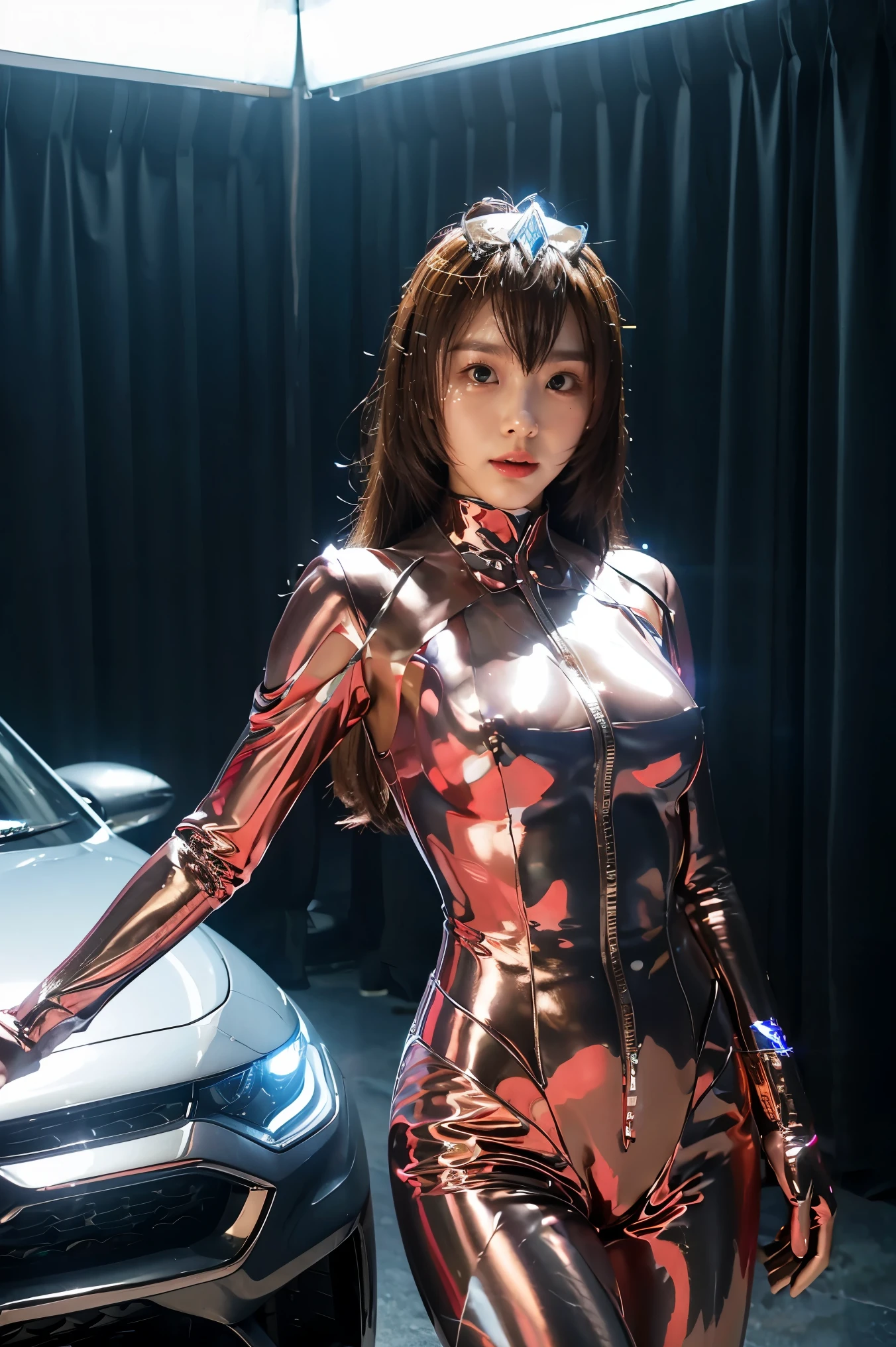 Ultraman、realistic、realistic、cinematic lighting, Girl in a shiny red and silver suit、15 years old、professional photos、Don&#39;Do not expose your skin, japanese model, japanese cgi、Ultraman Suit、, Power Rangers Suit、tight and thin cyber suit,Whole body rubbery、There&#39;s pink There、 delicate body, big breasts、small ass、thin thighs、thin arms、thin waist、camel toe、Both sides of the cyber suit stick to the skin、Big eyes、black short hair、facing the front、facing the front立っている、A glowing sphere is embedded in the chest.、Essay Examination、 blue sky background