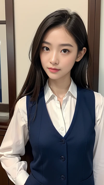 Japanese、35-year-old office lady、No underwear is worn、(Full body photo:1.5)、Office worker uniform、(紺色の膝下丈くらいのOffice worker uniformのペンシルスカート:1.4)、(A plain navy blue vest on bare skin:1.4)、Walking towards me、Elegant long hair、Intelligent married woman、Beautifully detailed hair、Beautiful and detailed brown eyes、beautiful flat chest、Beautiful, clear skin、Medium chest、Woman&#39;s wedding ring on the ring finger of her left hand、Detailed face、Detailed eyes、