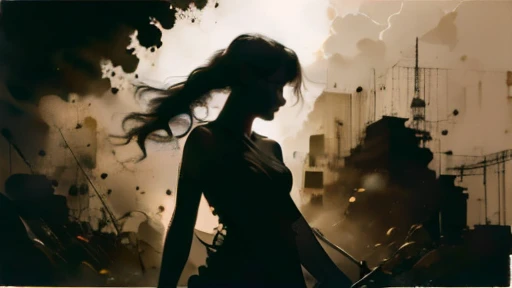 Absolutely black silhouette of a naked girl in the backlight。I stand quietly