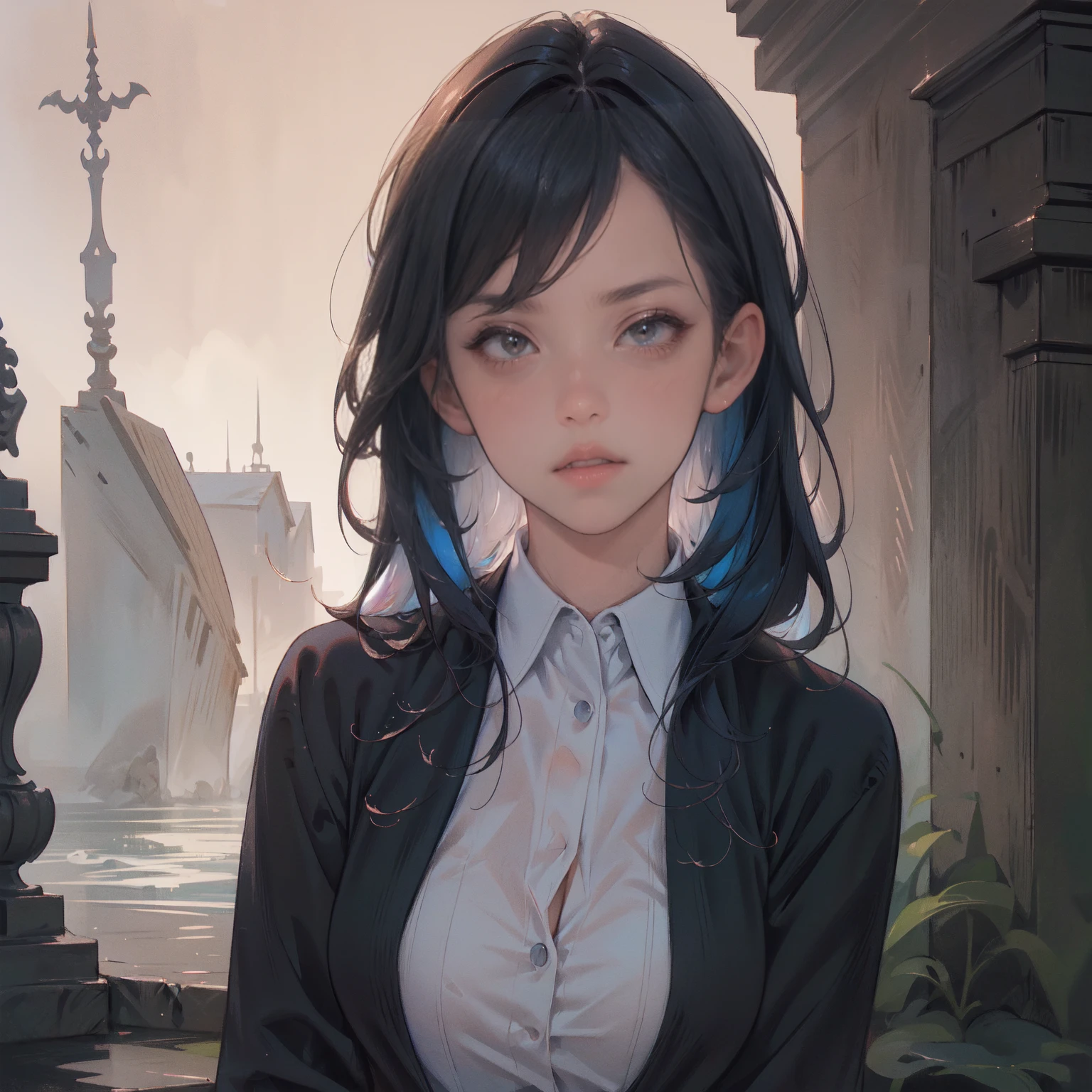 1 girl, demon, crazy expression, evil, red eyes, black blue hair with highlights, (best quality,4k,8k,highres,masterpiece:1.2),ultra-detailed,(realistic,photorealistic,photo-realistic:1.37),intricate details, dark fantasy, chiaroscuro lighting, ominous atmosphere, dramatic contrast, deep shadows, moody colors, blue and red tones
