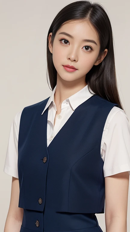 Japanese、35-year-old office lady、No underwear is worn、(full-body shot:1.5)、Office worker uniform、(紺色の膝下丈くらいのOffice worker uniformのペンシルスカート:1.4)、(A plain navy blue vest on bare skin:1.4)、Walking towards me、Elegant long hair、Intelligent married woman、Beautifully detailed hair、Beautiful and detailed brown eyes、beautiful flat chest、Beautiful, clear skin、Medium chest、Woman&#39;s wedding ring on the ring finger of her left hand、Detailed face、Detailed eyes、