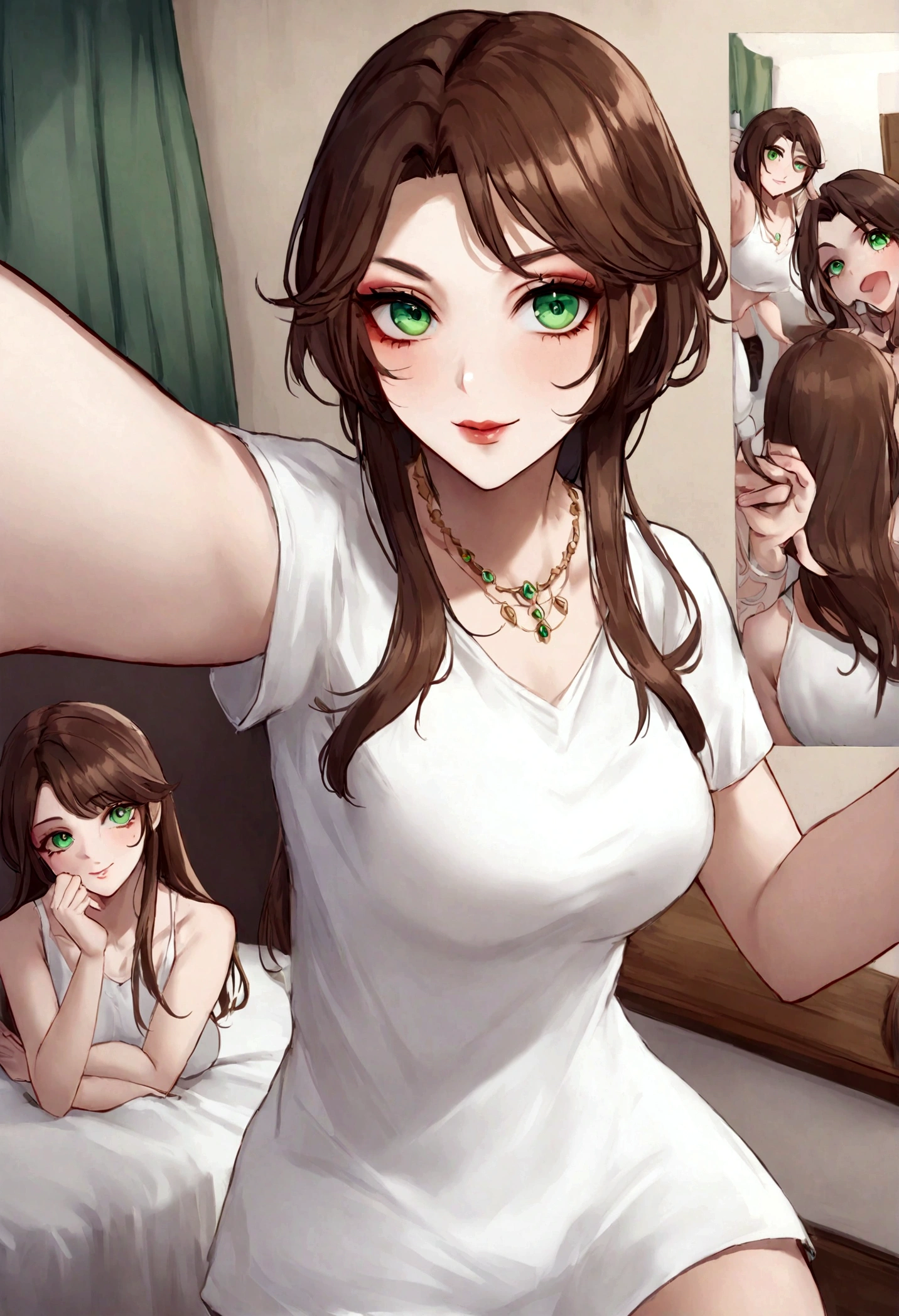 Arafed woman in white t-shirt and necklace, Mahlzeiten im Restaurant, sexy girl with green eyes, brown hair and big eyes, Selfie einer jungen Frau, Schlafzimmer Augen, violett myers, kein Make up, Natural makeup, direkt in die Kamera schauen, Gesicht mit Artgram, feines Make-up, Atemberaubende Full bodyaufnahme, piercing green eyes, nice angle, attraktive pose, sweet girl, sexy Pose, Full length image, Full body, Full bodyaufnahmen, brunette goddess, Hohe Detailliertheit, zufriedene Haltung, in einem grauen Rock und Stiefeln, unter den Rock, Kniestiefel