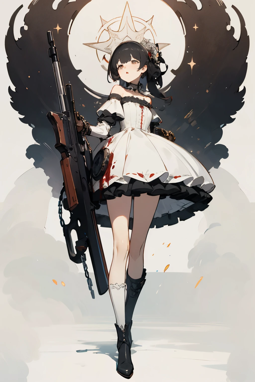 ((best quality)), ((masterpiece)), (detailed), 1girl, off-shoulder, blank white background, plain background, white background, red and white clothing, Bloodborne inspired, occult aesthetic, occult, detailed and intricate steampunk and detailed gothic, NSFW, Very dramatic and cinematic lighting, cosmic horror, grim-dark, side-lighting, perfect face, NSFW, Fluttering lace flared long knee length dress with frilly petticoats, knee length dress, pleated petticoats, ta dress, petticoats gothic lolicomplex lace boots, side-lighting, gothic lolita aetic, wielding a mighty sword with mechanical components, carbine, NSFW, beautiful small breasts, small breasts, full body, whole body, body, plain background, white background, blank background, no background, white background NSFW, chains, full body, whole body, head-to-toe NSFW