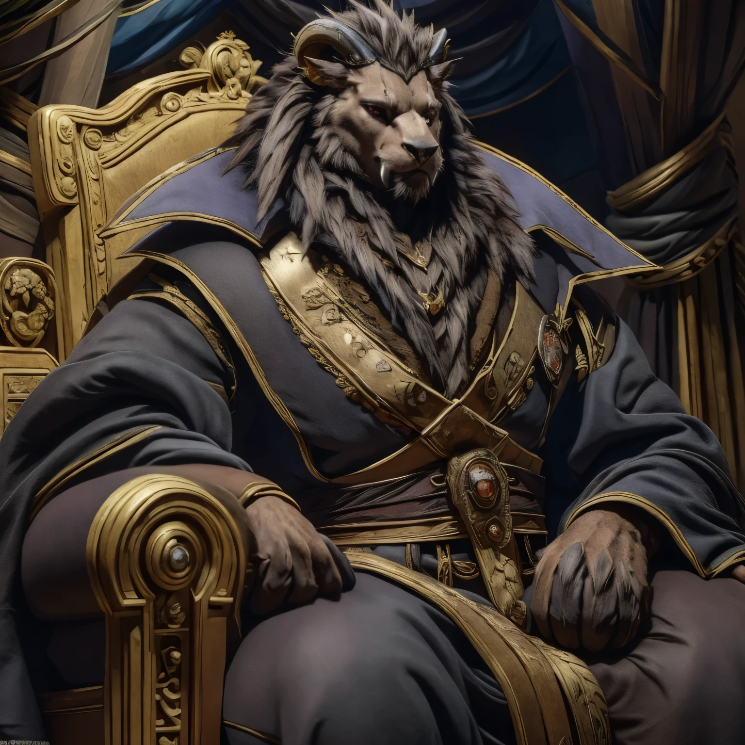 A breathtaking oil painting, resembling the iconic medieval Russian emperor, adorned in regal attire and jewelry, exuding an air of authority and power. The artist meticulously captures every detail of face, highlighting his piercing gaze and stern expression, as if he were surveying his vast empire. His flowing beard, a symbol of wisdom and strength, is painted with precision, each individual hair carefully rendered. The intricate embroidery on his richly colored robe is a testament to the artist's hyper-detailed textile style, reminiscent of the finest works from the era of medieval emperors. The golden eagle, symbol of Russia, adorns his crown, while a jeweled scepter rests at his side, further emphasizing his status as a powerful leader. The artist's masterful use of light and shadow adds depth and dimension to the painting, transporting the viewer back in time to the opulent world of medieval Russia. This realistic oil painting is a tribute to king status as a modern-day emperor and a testament to the artist's unparalleled skill, which transcends time and place, (1man), (male:1.2), old, aged up, exquisite face, angular jawline, finely detailed eyes and face, physique exudes strength and power, face portrait from an anthro male beast, RAW candid cinema, 16mm, color graded portra 400 film, remarkable color, ultra realistic, textured skin, realistic dull skin noise, visible skin detail, skin fuzz, dry skin, shot with cinematic camera, high quality photography, 3 point lighting, flash with softbox, 4k, Canon EOS R3, hdr, smooth, sharp focus, high resolution, award winning photo, 80mm, f2.8, bokeh, face close, finely detailed eyes and face, face portrait from an anthro male beast,detailed fur, realistic fur, animal fur, thick fur, shaggy character, animal, face close, (highest quality, 32K High Resolution:1.2, Very detailed, Realistic, photoRealistic, masterpiece,), Official Art, Full Body View, male, good looking, Majestic Beast, Dark sienna brown fur, Black Mane, Leonhard, Muscular body, Crimson Eyes, Serious look , Small ears, Curved black horns, Long upper jaw crab teeth