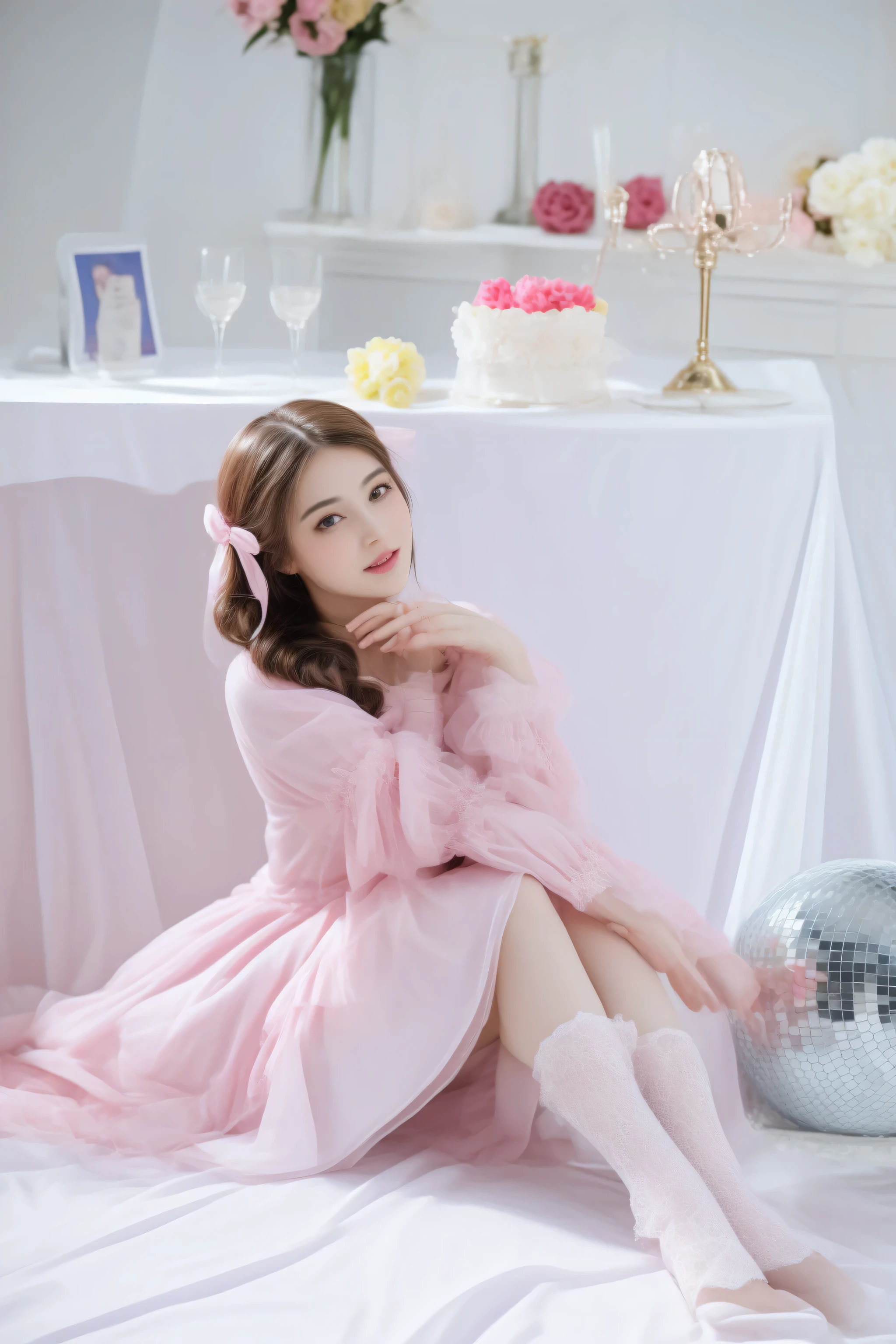 there is a woman sitting on a bed with a disco ball, belle delphine, lovely languid princess, portrait of magical lolita girl, pastel pink robes, with soft pink colors, in dress, lolita style, wearing a pink ballroom gown, taken with canon eos 5 d mark iv, lolita fashion, pink pastel, cute elegant pose, style of magical girl