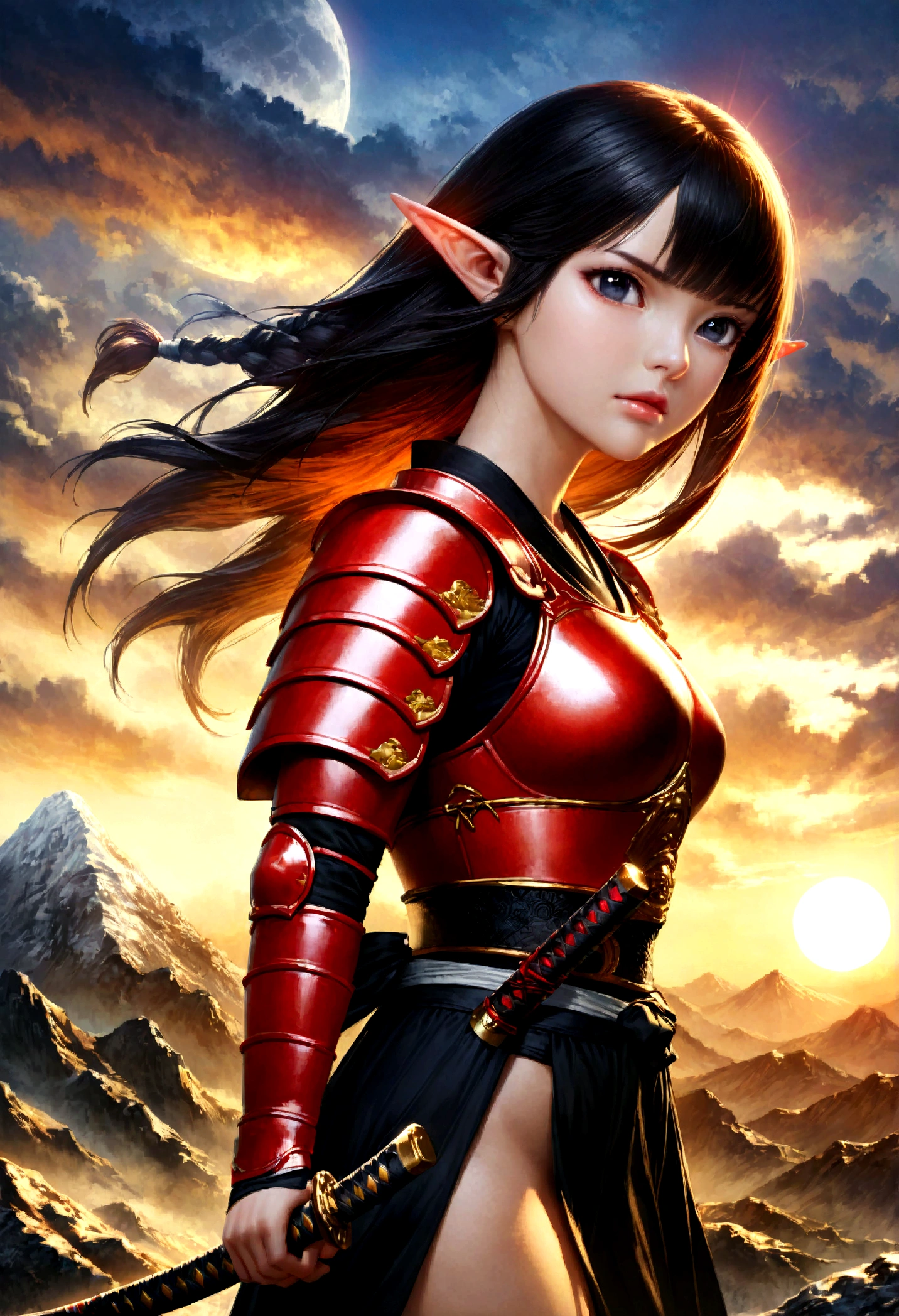 fantasy art, RPG art, dark fantasy art, a female elf samurai, ready to battle, she wears traditional samurai armor, armed with a katana, she stands on top of the mountain at dawn, exquisite beautiful female elf, long hair, black hair, straight hair, braided hair, black eyes, intense eyes, small pointed ears, fantasy mountain top at dawn background, moon, stars, clouds, god rays, soft natural light silhouette, dynamic angle, photorealism, panoramic view, ultra best realistic, best details, 16k, [ultra detailed], masterpiece, best quality, (extremely detailed), photorealism, depth of field, 