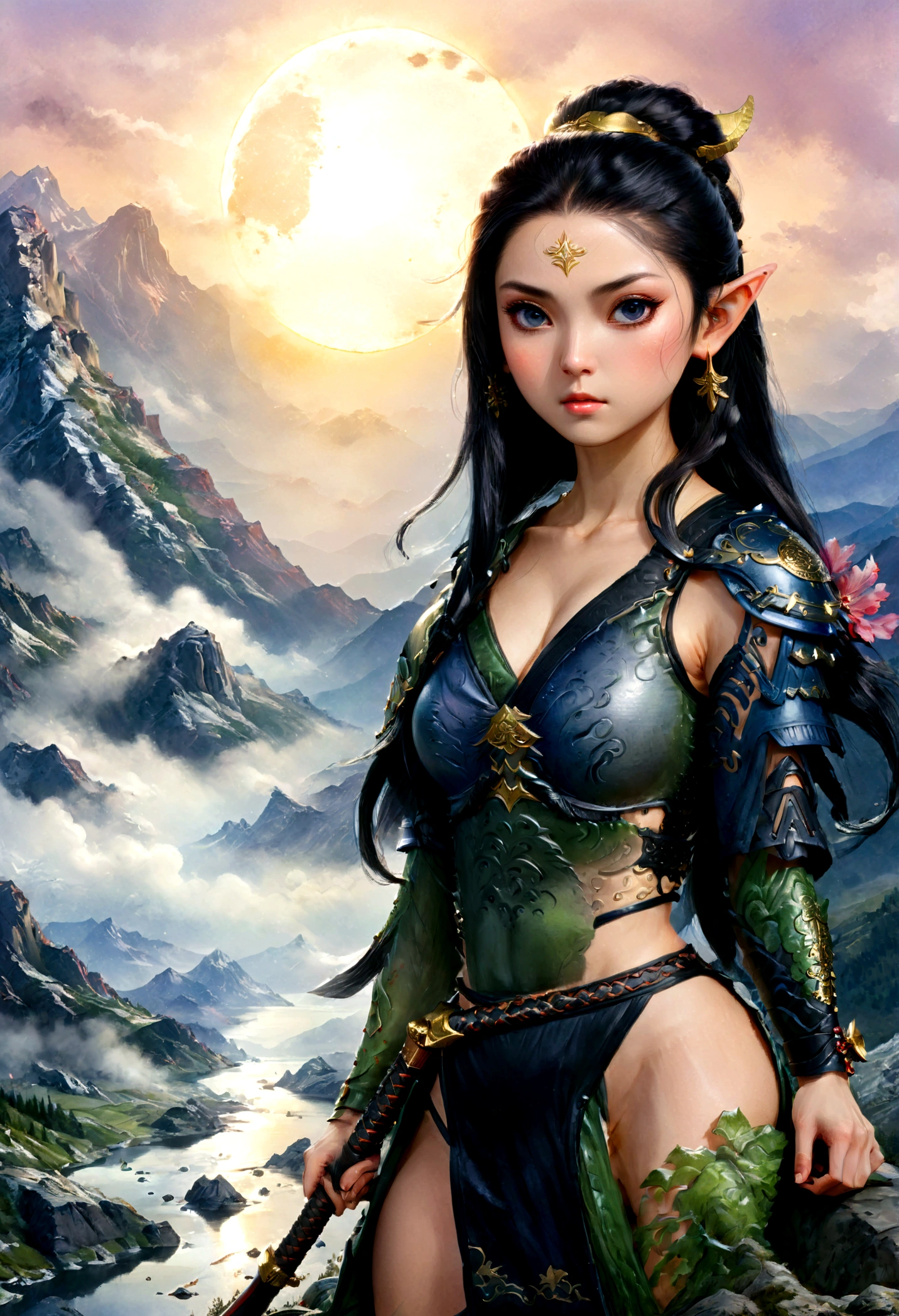 ((water color art: 1.5)), fantasy art, RPG art, dark fantasy art, a female elf samurai, ready to battle, she wears traditional samurai armor, armed with a katana, she stands on top of the mountain at dawn, exquisite beautiful female elf, long hair, black hair, straight hair, braided hair, black eyes, intense eyes, small pointed ears, fantasy mountain top at dawn background, moon, stars, clouds, god rays, soft natural light silhouette, dynamic angle, photorealism, panoramic view, ultra best realistic, best details, 16k, [ultra detailed], masterpiece, best quality, (extremely detailed), photorealism, depth of field,