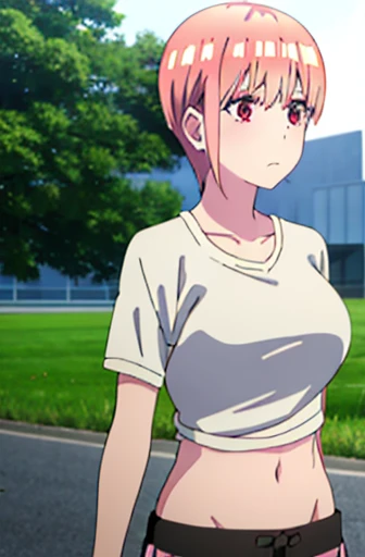 One girl, alone, ichika nakano, short hair, Salmon pink hair, Earrings in the ears, Embarrassing, Mouth closed, Embarrassing expression, White shirt, Short shirt, Short sleeve, Black bra visible, exposed waist, Visible navel , Black shorts, Short shorts, on the road, The body is slim, Big Breasts, Medium Waist, Medium Hips, wide thighs,