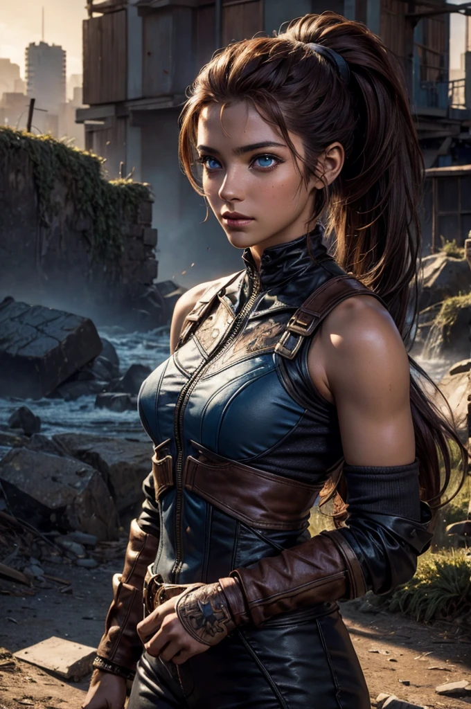iliaamitola, ilia amitola, long hair, blue eyes, brown hair, ponytail, dark skin, dark-skinned female, BREAK bare shoulders, bodysuit, BREAK city ruins on hill, in valley, mountains in background, waterfall, crowd, (crowd in military dress), post-apocalypse, dystopian future, crowd, (crowd in military uniforms), (volumetric lighting), best quality, masterpiece, intricate details, tonemapping, sharp focus, hyper detailed, BREAK looking at viewer, (cowboy shot:1.5), BREAK (masterpiece:1.2), best quality, high resolution, unity 8k wallpaper, (illustration:0.8), (beautiful detailed eyes:1.6), extremely detailed face, perfect lighting, extremely detailed CG, (perfect hands, perfect anatomy),