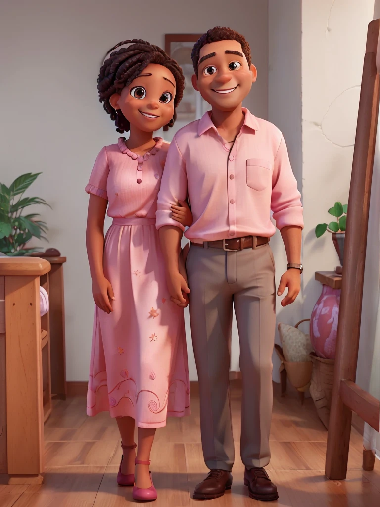 A striking image of a middle-aged Black couple, the woman in a vibrant pink dress and the man in a crisp white shirt, both smiling warmly. The artwork captures their joy and connection in intricate detail, from the subtle creases on their faces to the way their hands intertwine. The scene is depicted in a photograph that showcases the couple's genuine happiness, with a soft, warm lighting that adds a sense of intimacy. Each element, from the carefully chosen outfits to the genuine expressions, radiates a sense of love and contentment, creating a truly captivating and heartwarming image. 3D PIXAR  YOUNGS 30 YEAR