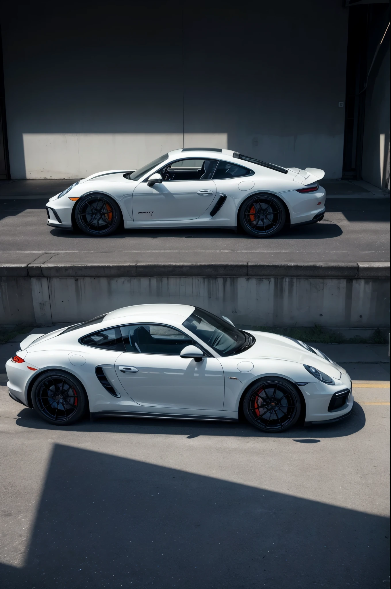 I want an image for a painting that has a Porsche from different brands in the proposal and adds the Nike logo. Quiero 5 propuestas distintas porfavor.