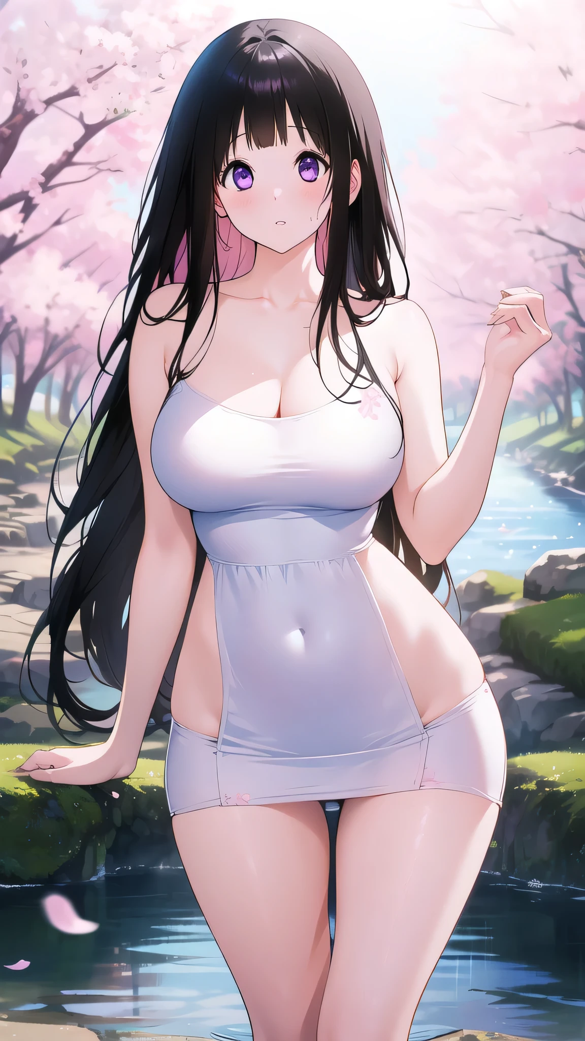 Amazing Chitanda, There is only one beautiful girl,Purple Eyes, Black Hair, Very red face,Very white skin,Glowing skin,Skin as delicate as porcelain,Naturally straight hair, Straight bangs,Extremely refined,Open lips,Long flowing hair,Beautiful Girl, Like a dream,Slim,Slim waist,Soft, (Sensual), (Kawaii), Dream quality,Beautiful big breasts,Areola,Completely naked,Black Ribbon,Flower decoration,Deep V neckline,Loose neckline,Wide neckline,River walk,Place your hands on your inner thighs,Sweaty and sweaty,Next to the cherry blossom trees,Back to,Lean over,Hips,Side body,Gluteal groove,Bare back,Completely naked back,Light transmission,no pants,pussy juice,Bare shoulders,Bare neck,Exposed collarbone,Exposing breasts,Exposing breasts side,Show your waist,Show your buttocks,Show your thighs,Exposing the groin,No pants,extremely shy,Ultra-high resolution, (masterpiece:1.2, best quality), (Delicate and beautiful eyes: 1.2), (Beautiful and delicate face)