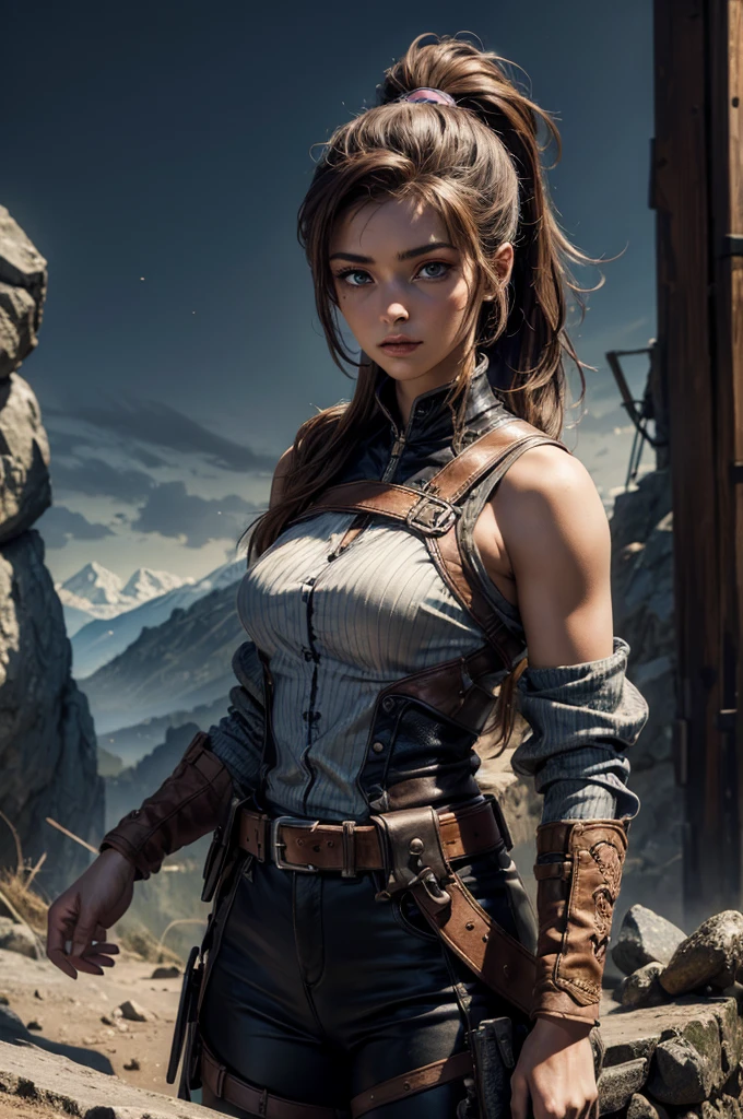 
iliaamitola, ilia amitola, long hair, blue eyes, brown hair, ponytail, dark skin, dark-skinned female, BREAK bare shoulders, bodysuit, BREAK city ruins on hill, in valley, mountains in background, waterfall, crowd, (crowd in military dress), post-apocalypse, dystopian future, crowd, (crowd in military uniforms), (volumetric lighting), best quality, masterpiece, intricate details, tonemapping, sharp focus, hyper detailed, BREAK looking at viewer, (cowboy shot:1.5), BREAK (masterpiece:1.2), best quality, high resolution, unity 8k wallpaper, (illustration:0.8), (beautiful detailed eyes:1.6), extremely detailed face, perfect lighting, extremely detailed CG, (perfect hands, perfect anatomy), 
