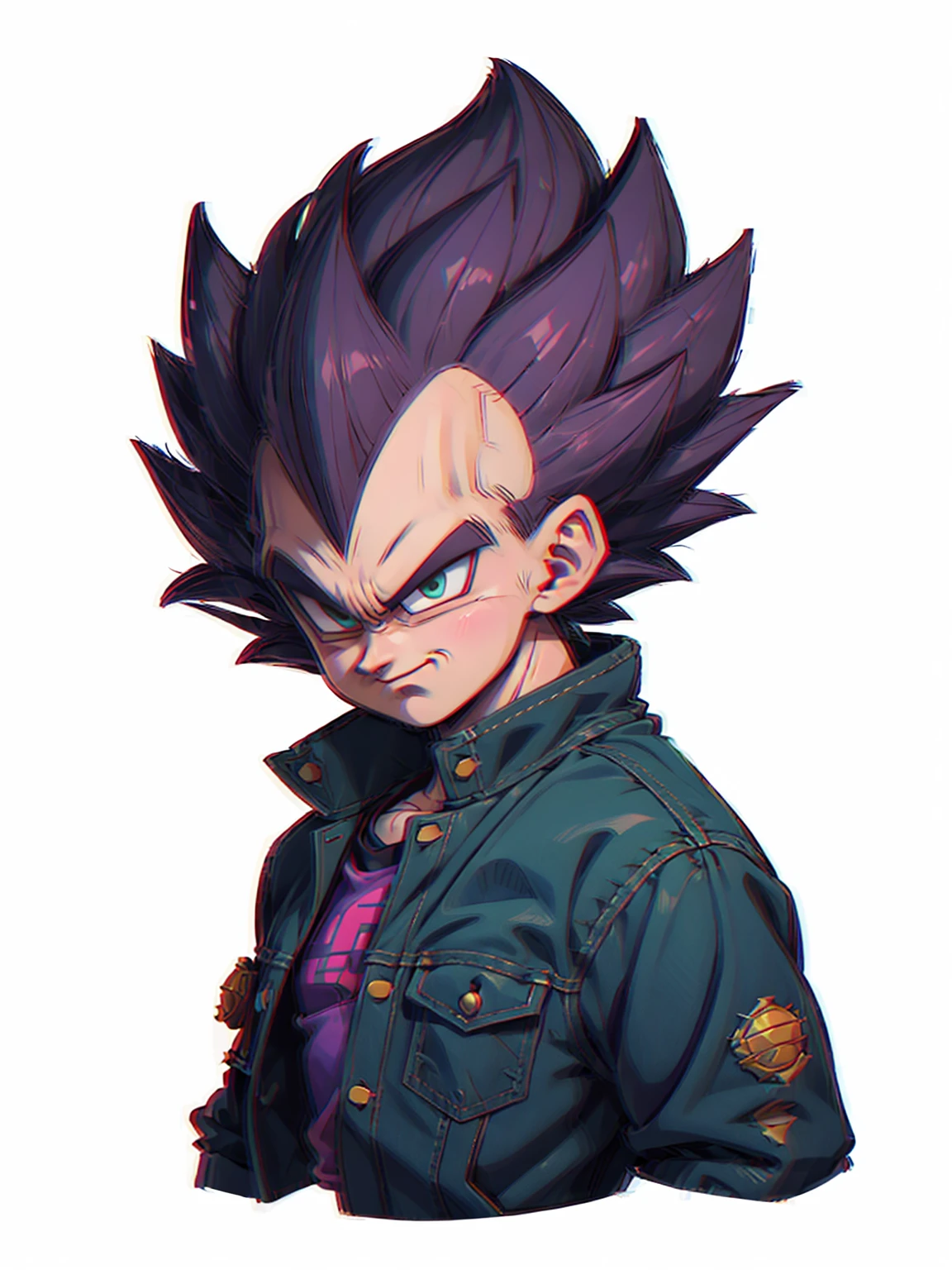 1man, solo, (masterpiece), best quality, ultra-detailed, Vegeta from Dragon Ball Z, super saiyan hair, Retro style, full body. fashion cloth, purple jean jacket, fancy, portrait, upper body, face detail, eyes detail: 1.3, simple background, green eyes, pink shirt, white background.
