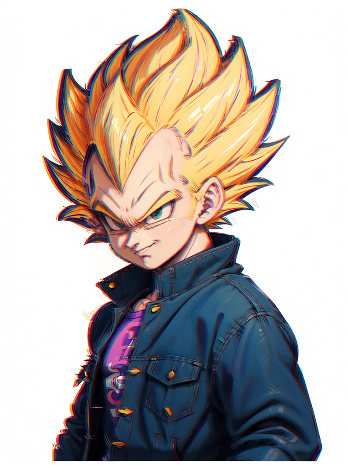 1man, solo, (masterpiece), best quality, ultra-detailed, Vegeta from Dragon Ball Z, super saiyan hair, Retro style, full body. fashion cloth, purple jean jacket, fancy, portrait, upper body, face detail, eyes detail: 1.3, simple background, green eyes, pink shirt, white background.
