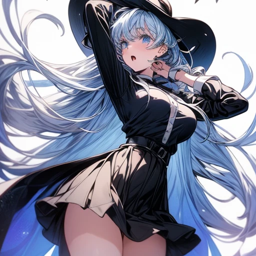 Cute girl with long white hair. Perfect blue eyes, face, open mouth, black hat, long coat, close up, low angle, skirt flip, perfect legs, thighs!!!!, arms up bent, tight shirt, perfect breast, high socks,a close up of a person in a short skirt and a shirt, an anime drawing inspired by rossdraws, trending on pixiv, realism, thighs!!!, thighs!!!!!!, thicc, thighs, exposed thighs!!!, bare thighs!!!, anime vibes, trending on cgstation, pinterest anime, top rated on pixiv, popular on pixiv