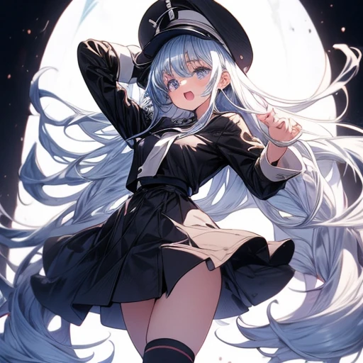 Cute girl with long white hair. Perfect blue eyes, face, open mouth, black hat, long coat, close up, low angle, skirt flip, perfect legs, thighs!!!!, arms up bent, tight shirt, perfect breast, high socks,a close up of a person in a short skirt and a shirt, an anime drawing inspired by rossdraws, trending on pixiv, realism, thighs!!!, thighs!!!!!!, thicc, thighs, exposed thighs!!!, bare thighs!!!, anime vibes, trending on cgstation, pinterest anime, top rated on pixiv, popular on pixiv