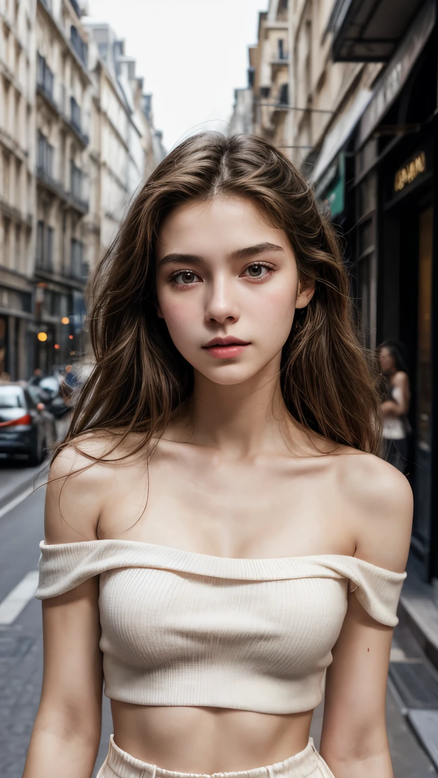 sleeveless, looking at the audience, theater lighting, perfect, Soft Light, High resolution skin:1.2, Realistic skin texture, 18 years old、a small face、Off-shoulder,Bust C cup、Boulevard Saint-Germain, background、Photos from the waist up、 Abdomen visible、